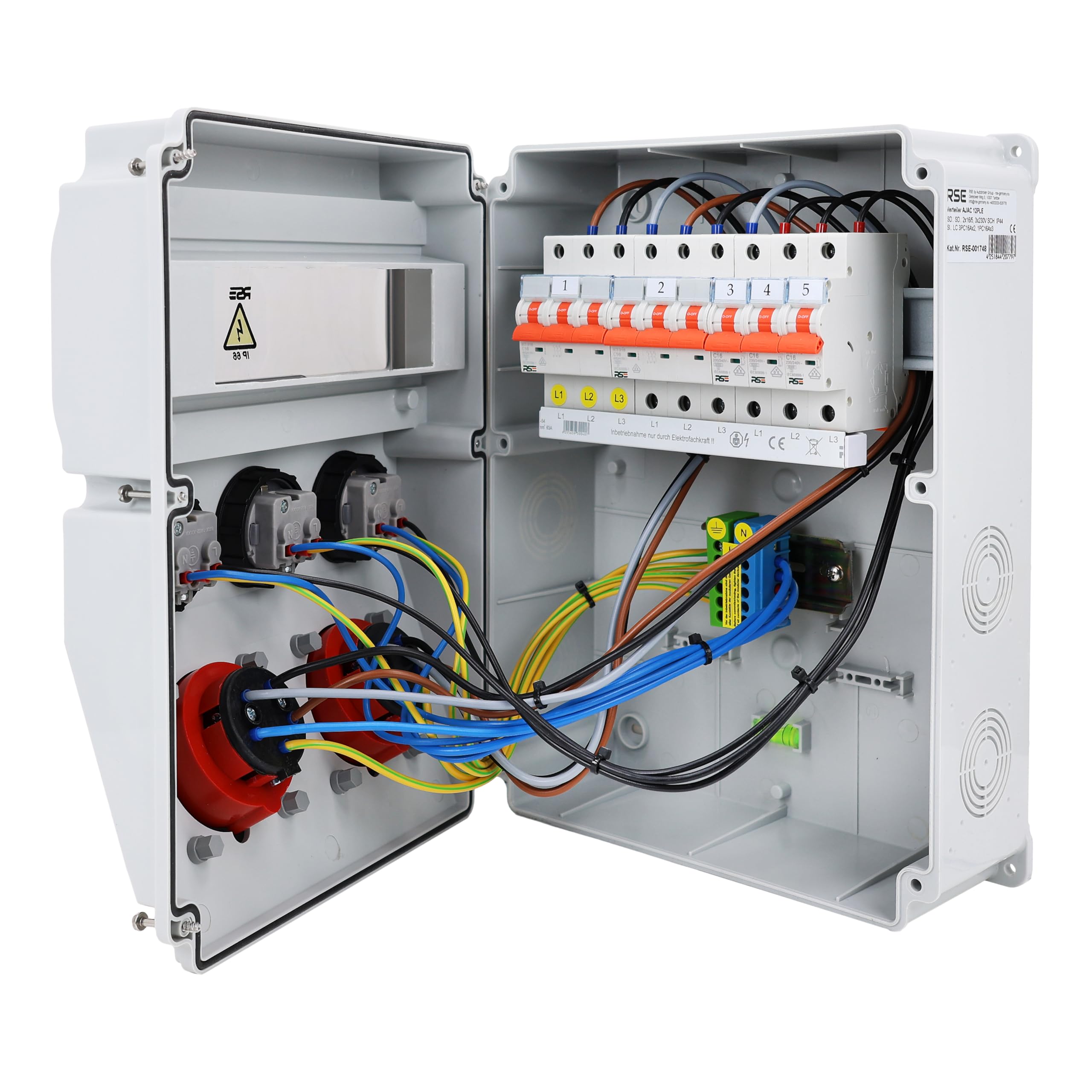 Distributore di corrente da parete, completamente cablato, 32 A, 16 A, 230 V, con contatore CEE IP65, 10. 2 x 16a, 3 x 230 cm, con LS