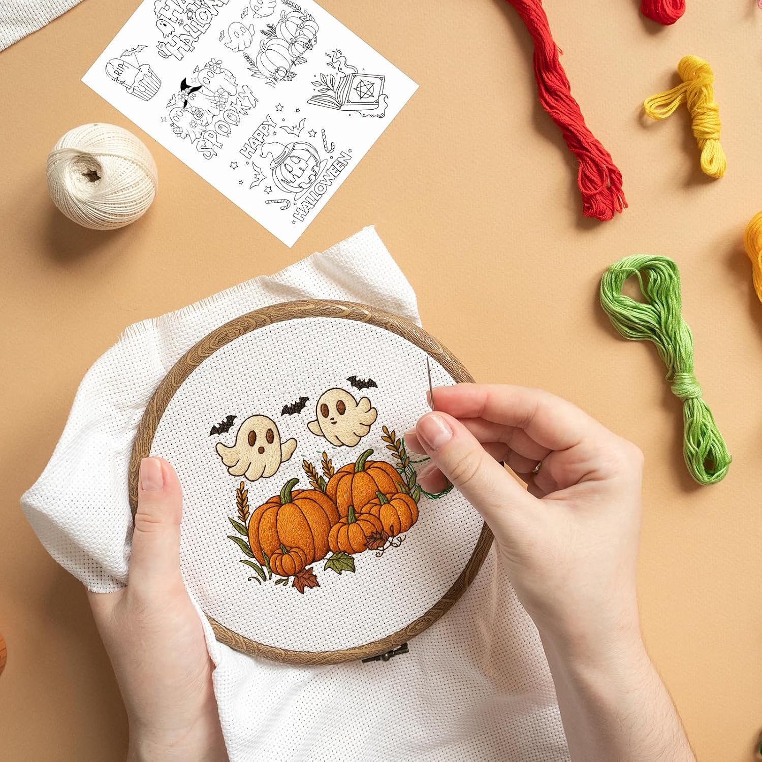 Rngmsi Water Soluble Embroidery Patterns - 4 Sheets Halloween Stick and Stitch Embroidery Designs, Spooky Pumpkin Ghost Skull Bat Theme Wash Away Transfer Paper Stabilizers for Hand Sewing