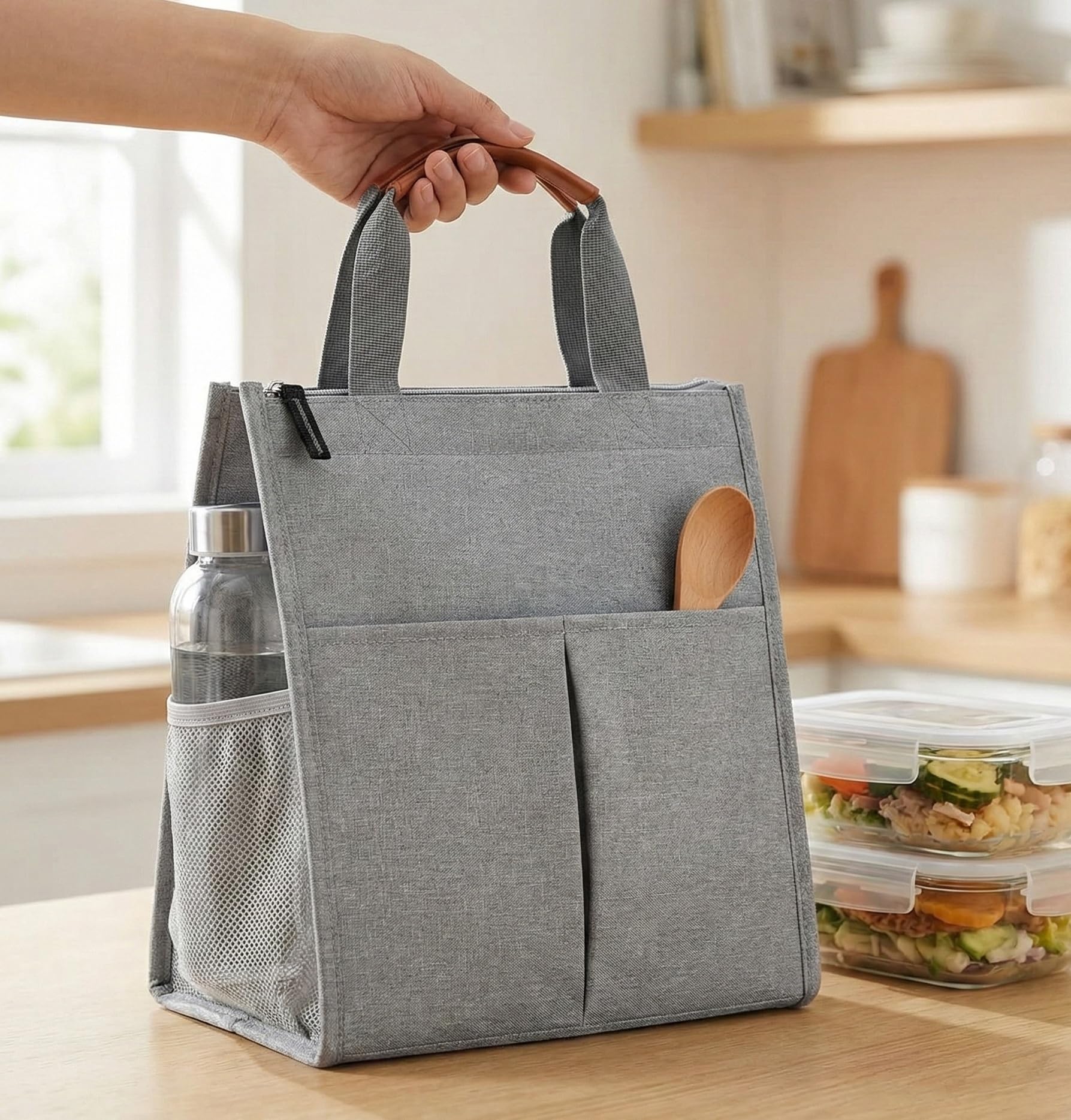 SaleOn Lunch Bag for Women Men Insulated Lunch Tote Bags Waterproof Reusable Lunch Box Soft Cooler with Pockets for Work School Travel Picnic, Gray (Light Grey)-image-2