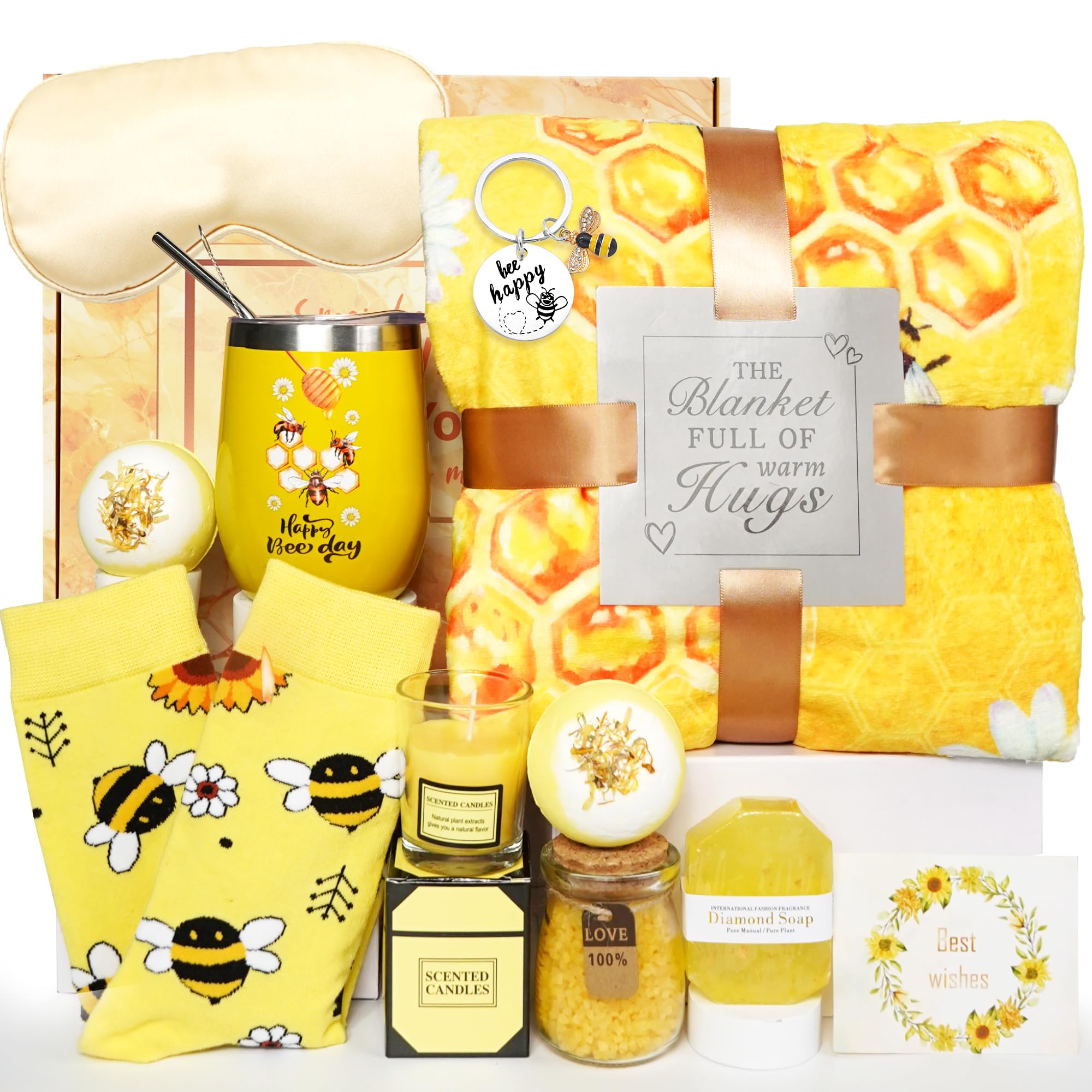 Birthday Bee Gifts for Women - Birthday Gifts for Women Valentines Day Gifts for Her Relaxing Spa Gifts Happy Bee Day Gifts with Inspirational Blanket Candle for Mom Best Friends Sister Teacher Wife