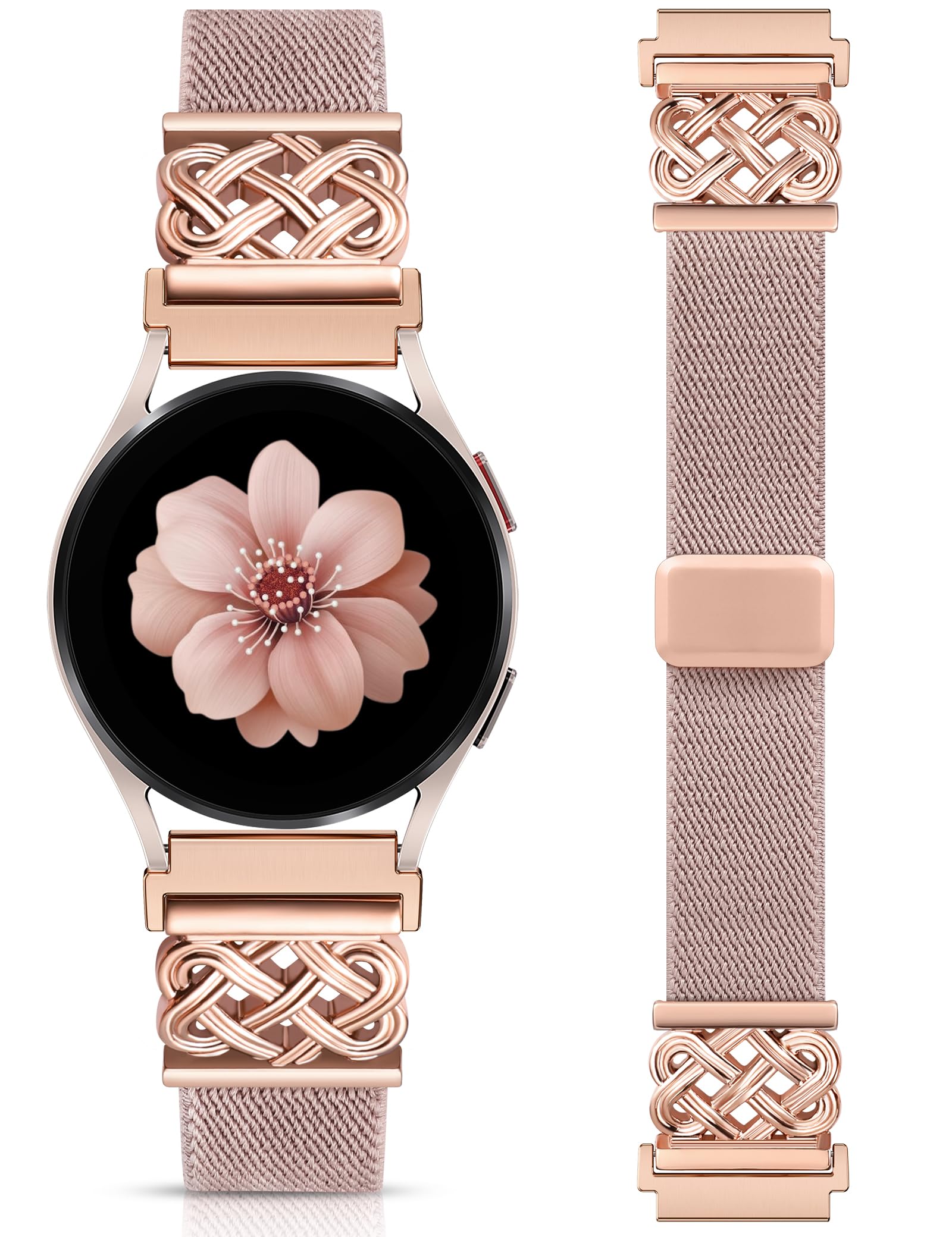 Photo 1 of Minyee Magnetic Stretchy Band Compatible with Samsung Galaxy Watch 7/6/5/4/FE/Active 2 40mm 44mm/Watch 6 Classic 43mm 47mm/5 Pro 45mm Women, Celtic Knot Soft Elastic Nylon Strap, Pink Grey/Rose Gold