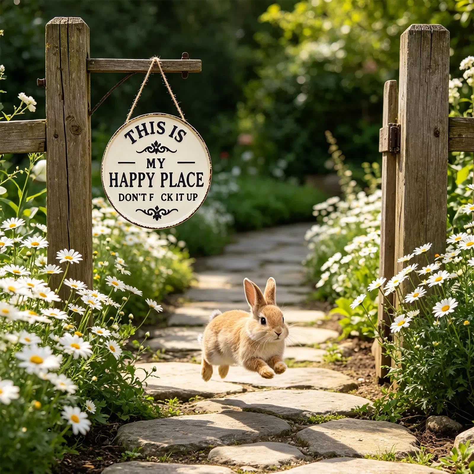 Happy Place Door Sign, “This is My Happy Place Don’t F*ck It Up” Vintage Welcome Metal Sign Round Wall Decor, Funny Rustic Garden Plaque for Front Door Home Kitchen Patio Housewarming Gift (20cm) - 5