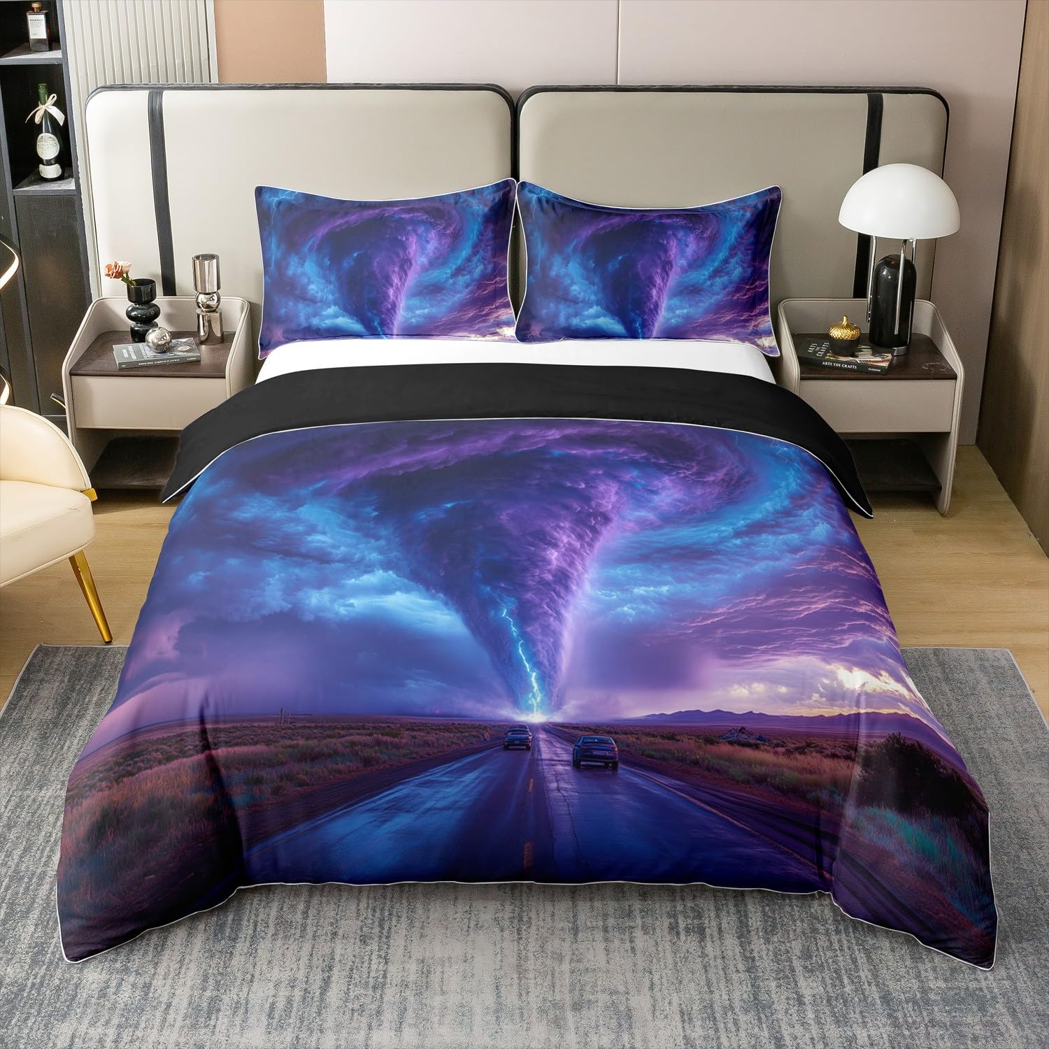 100% Baumwolle Lila Tornado Tröster Abdeckung 135x200,Ombre Natur Blitz Bettwäsche Set für Schlafzimmer Dekor,Horror Gothic Sturm Bettbezug,Gothic Wind Cloud Bettbezug Weich Bequem,Wendebar