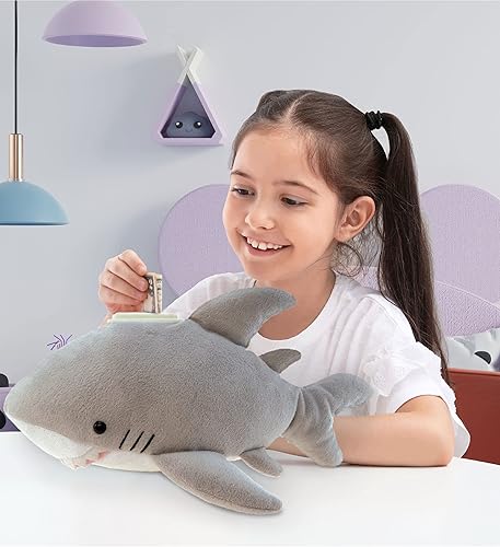 Miniatura 8 de DolliBu Grey Shark - Alcancía de peluche de tiburón – Alcancía de tiburón de peluche súper suave, caja de dinero de animales de peluche para niños,