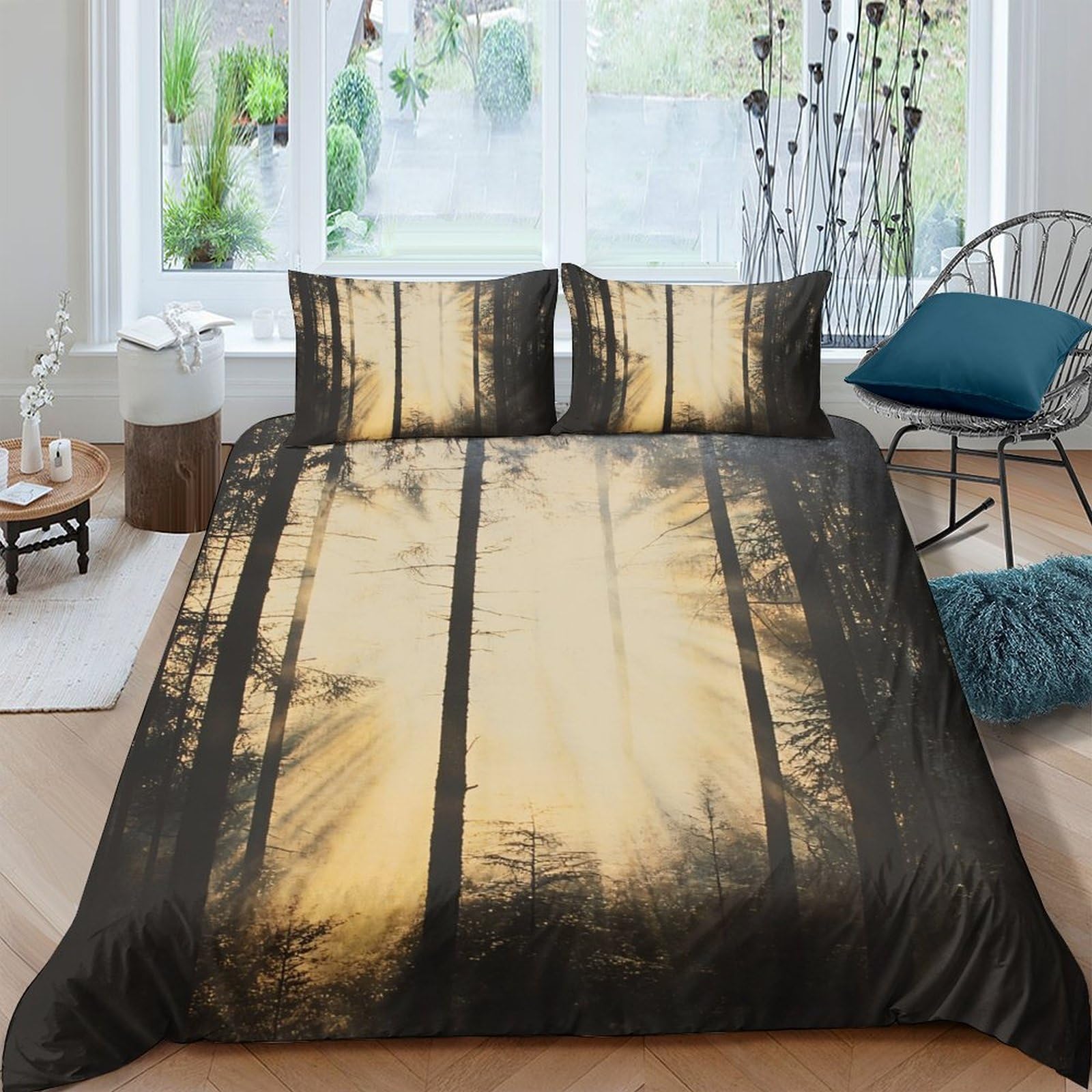Ctjqhvkz Style-6 3D Printed Forest Sunrise Fitted Sheet Microfiber Soft Breathable Woodland Shadow Mattress Cover Bedroom Decor Single（135X200cm）