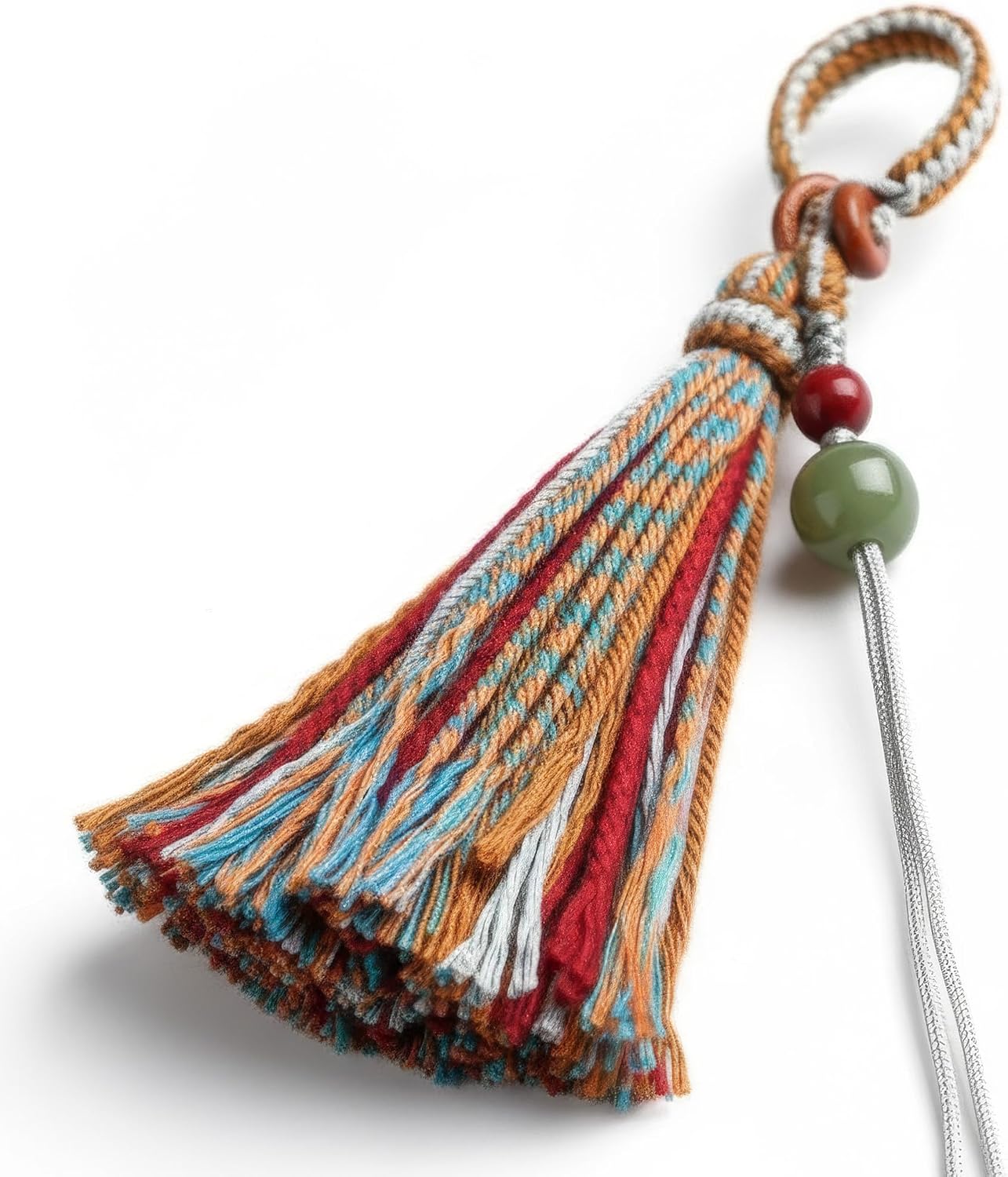 Handmade Tibetan Tassel Keychain - Boho Yarn Bag Charm with Green Jade & Red Beads - Colorful Cotton Rope Phone Chain - Ethnic Car Mirror Hanging Decoration (Multicolor)