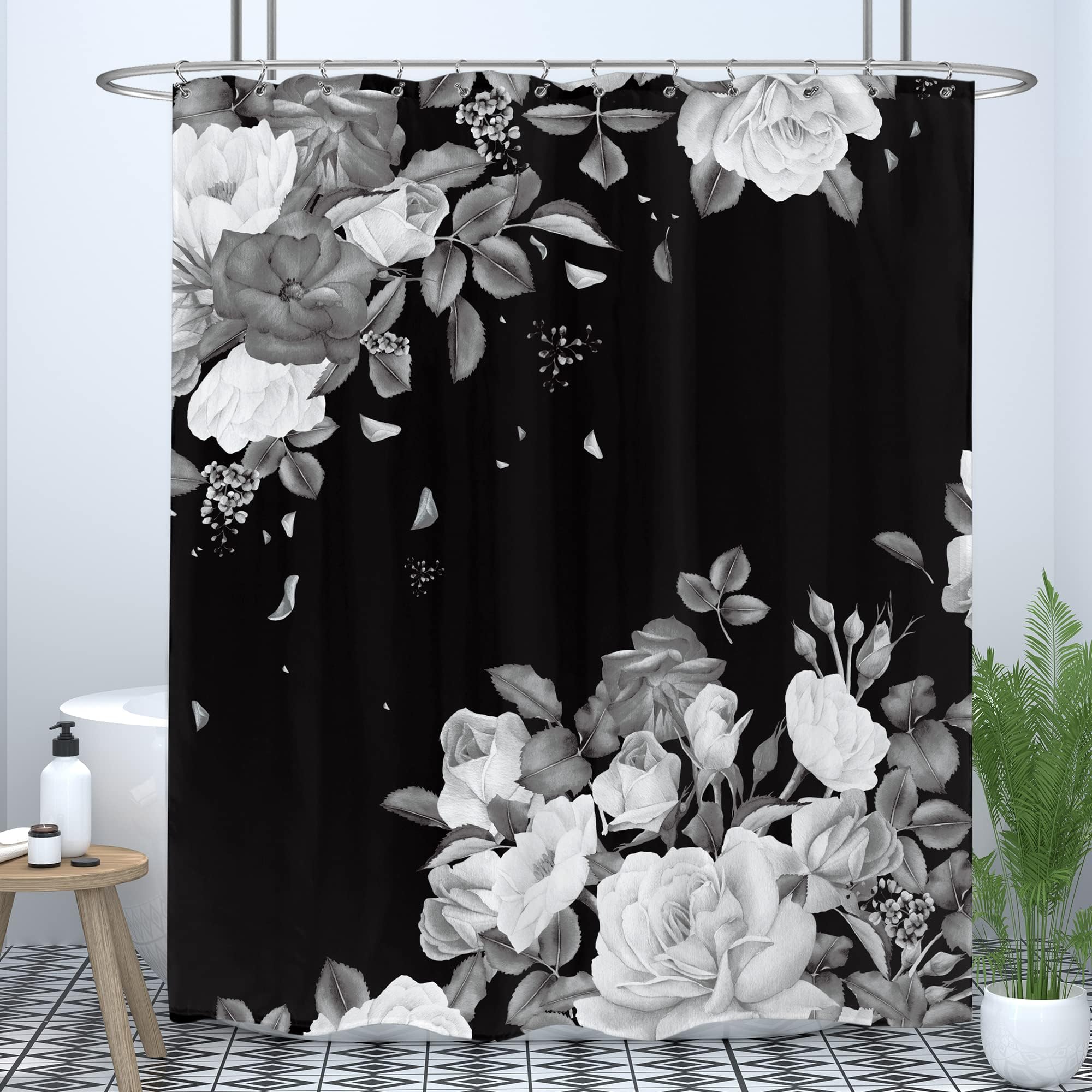 LIGHTINHOME Boho Shower Curtain, 72x72 Inches, Black & White Abstract Palm Leaf - Waterproof Polyester Fabric With Hooks - View #11