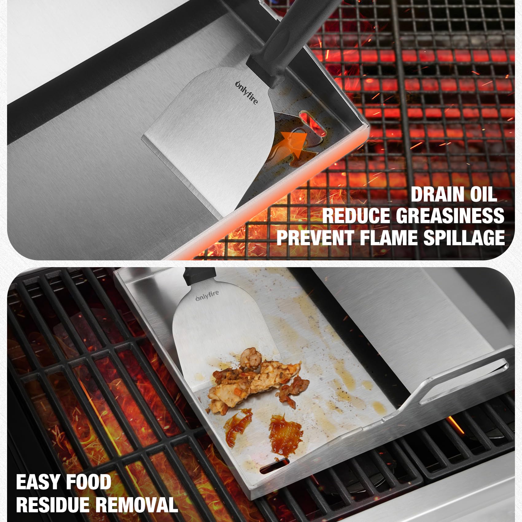 Onlyfire Plancha para Barbacoa 40x30cm de Acero Inoxidable, Plancha Grill con Tapa y 2 Espátulas, Universal, 40x30cm, para Parrillas de Gas y Camping
