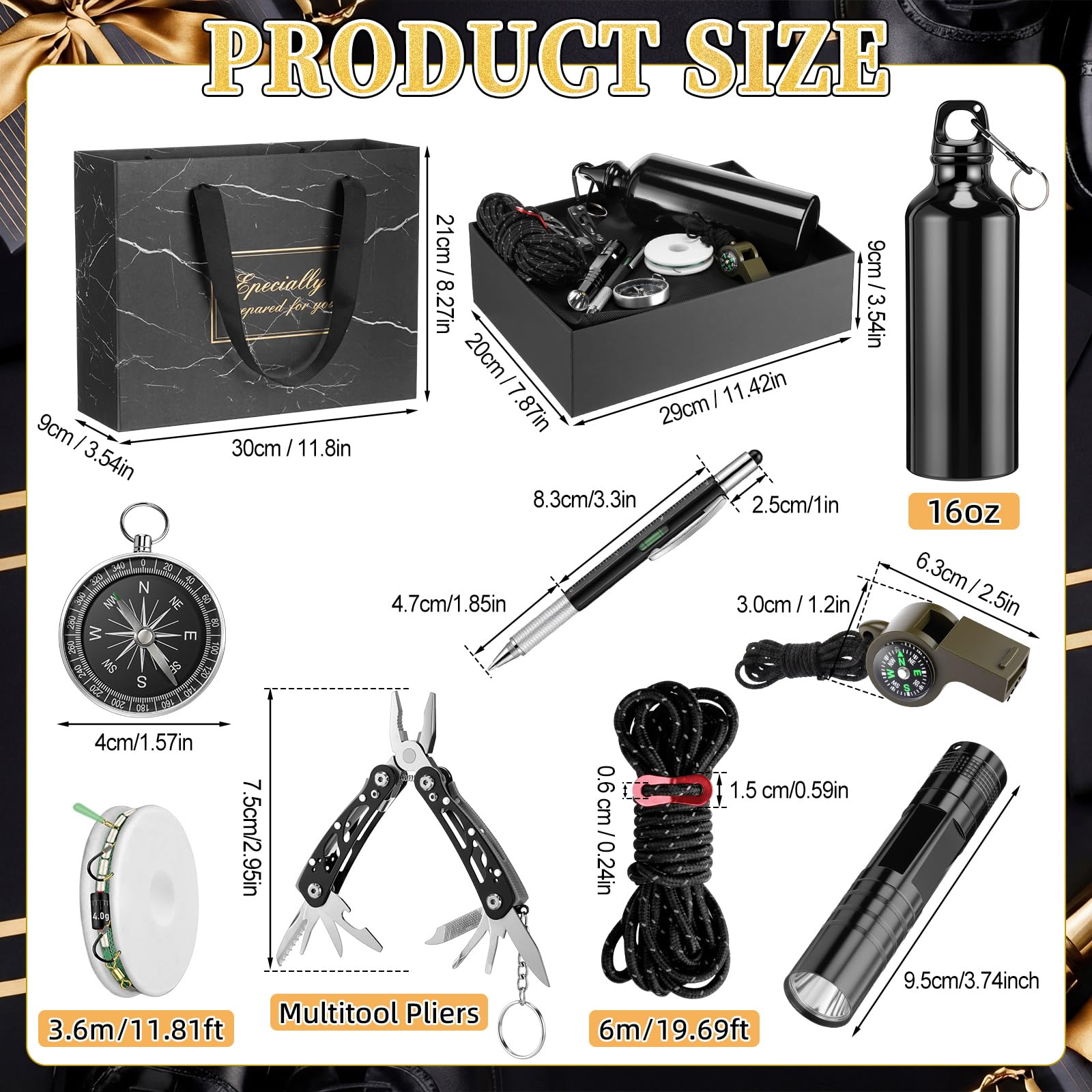 Kit de survie 9 pièces - Paniers d'anniversaire pour homme - Kit de survie en plein air avec bouteille d'eau, pince, lampe de poche, boussole, sifflet, stylo ligne de pêche pour mari et frère