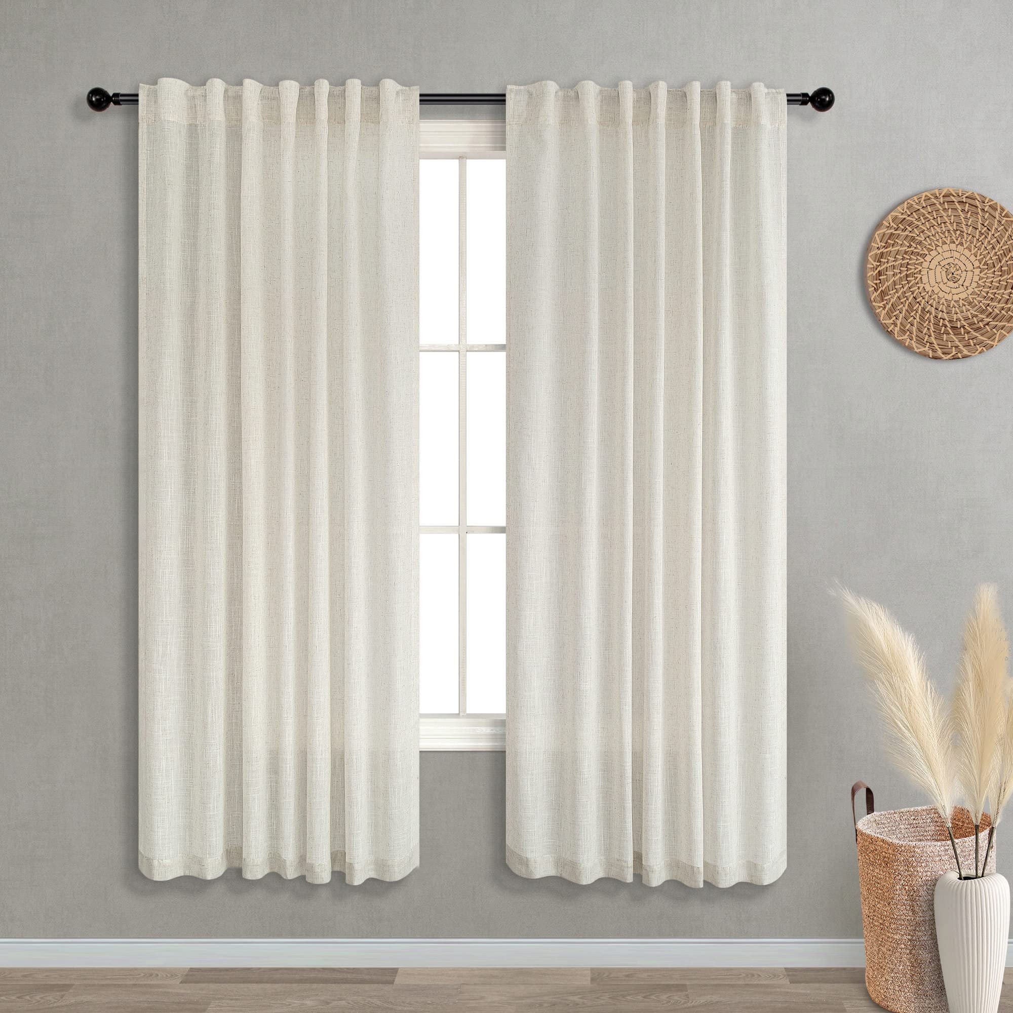 KOUFALL Natural Linen Curtains 63 Inch Length 2 Panels for Bedroom,Sheer Window Curtains Living Room Drapes Set with Rod Pocket and Back Tab,52x63 Inches Long,Cream Beige