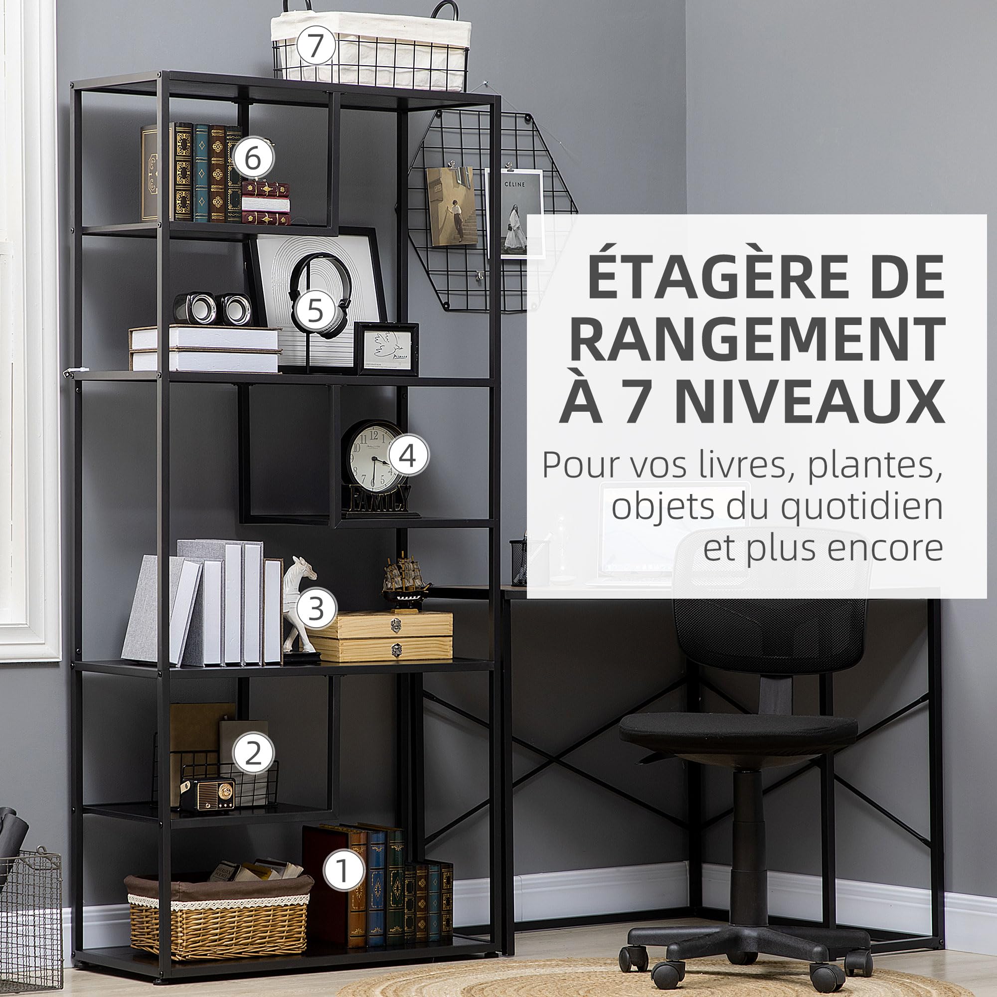 HOMCOM Bibliothèque étagère de Rangement à 7 Niveaux Cadre en Acier Style Industriel pour Salon Chambre Cuisine - 83 x 34 x 180 cm