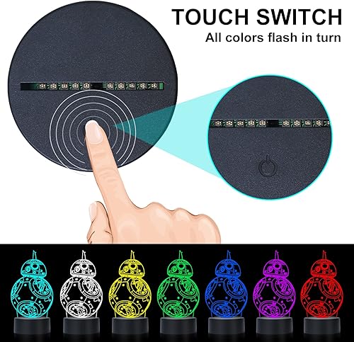 Miniatura 3 de Bb-8 - Lámpara de noche 3D con control táctil, 7 colores de luz nocturna con degradado automático, base acrílica y ABS, luz nocturna de ilusión