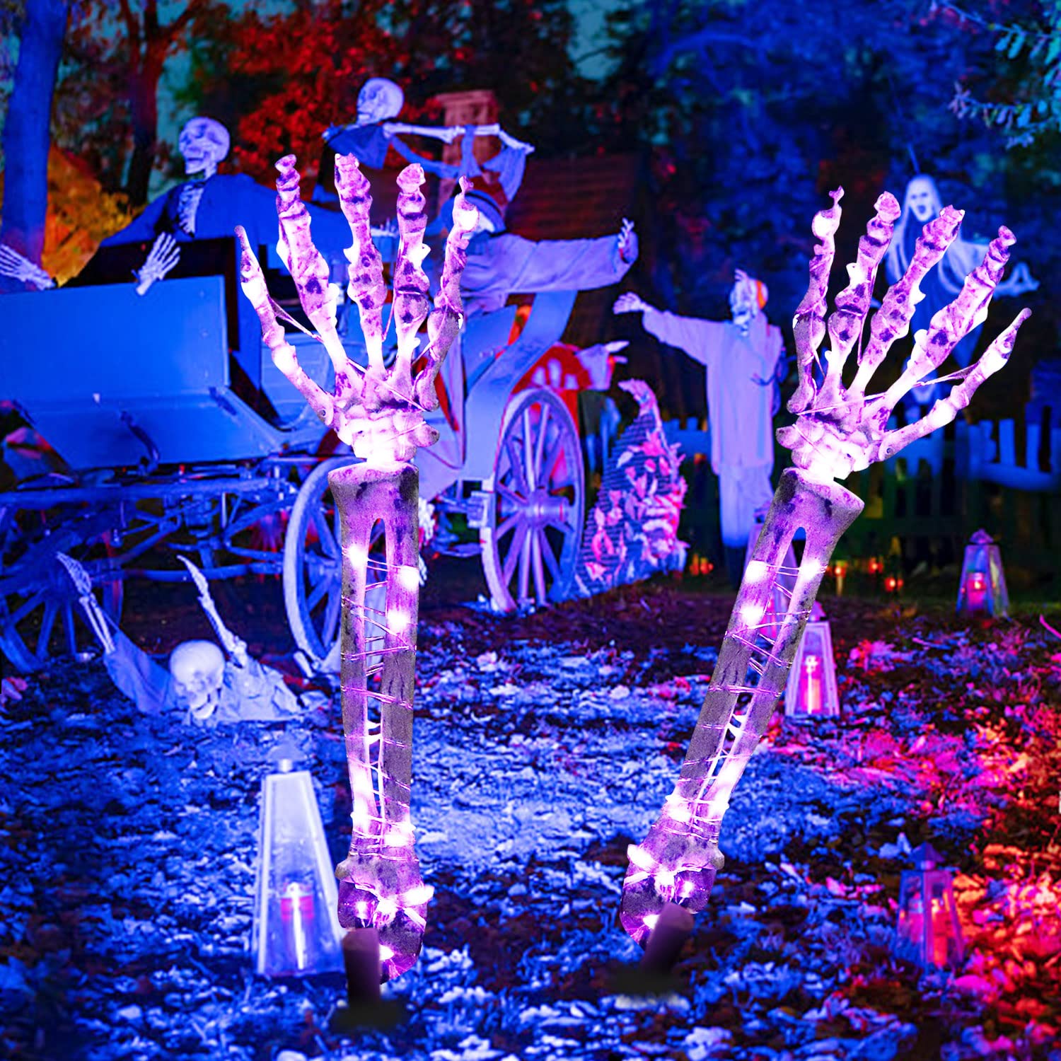 Halloween Decorations Lighted Skeleton Arm Stakes,2PCS 40 LED Skeleton Hand Stakes,Waterproof Battery Operated & Timer,Light Up Holiday Party Home Yard,Indoor Outdoor Decor(Purple)