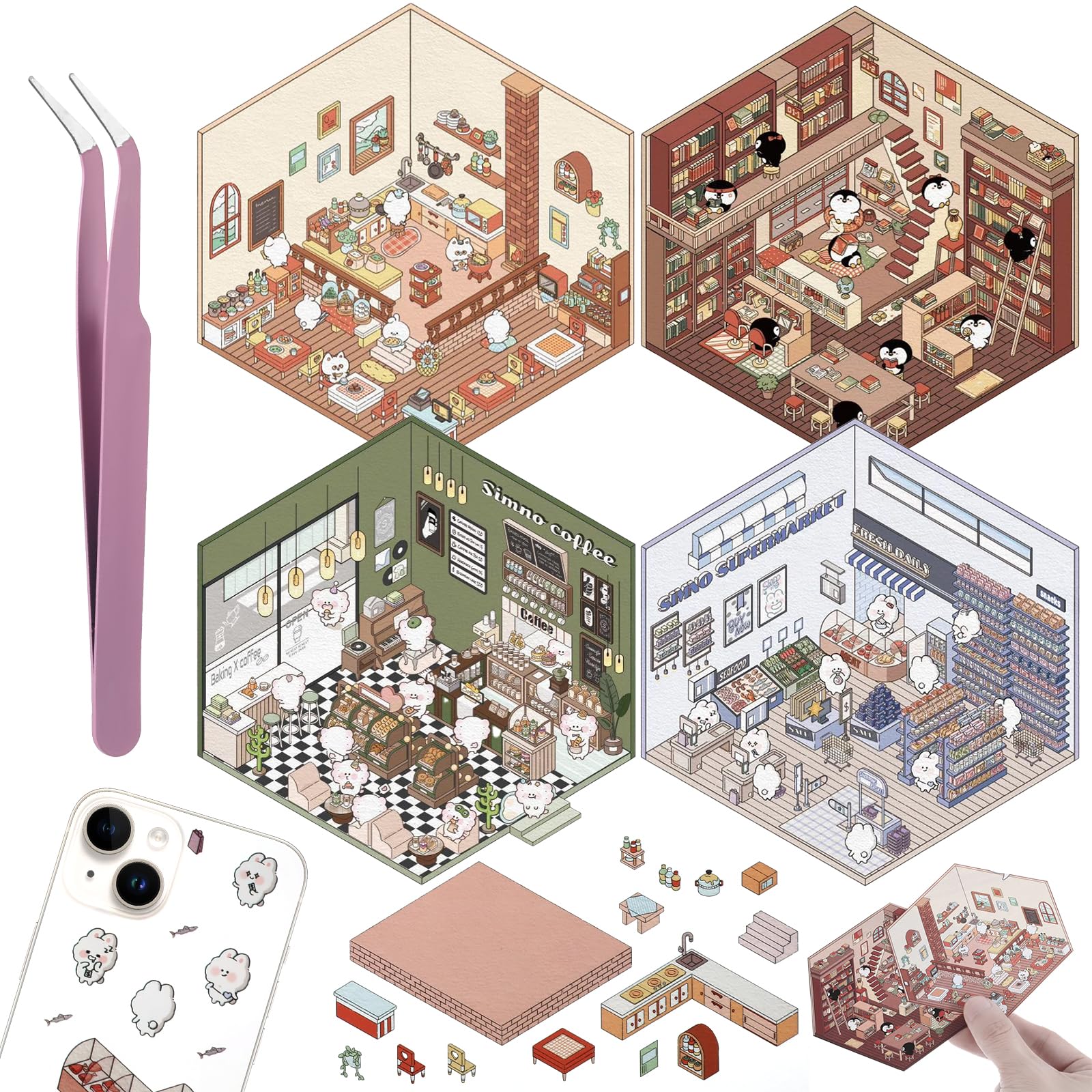 Heclia 4 Sets 3D House Stickers for Adult Stress Pass Cute Scene Stickers for Journaling with Tweezers Make Your Own 3D Sticker Scene DIY Kawaii Sticker in Coffee Shop Bookstore Supermarket Restaurant