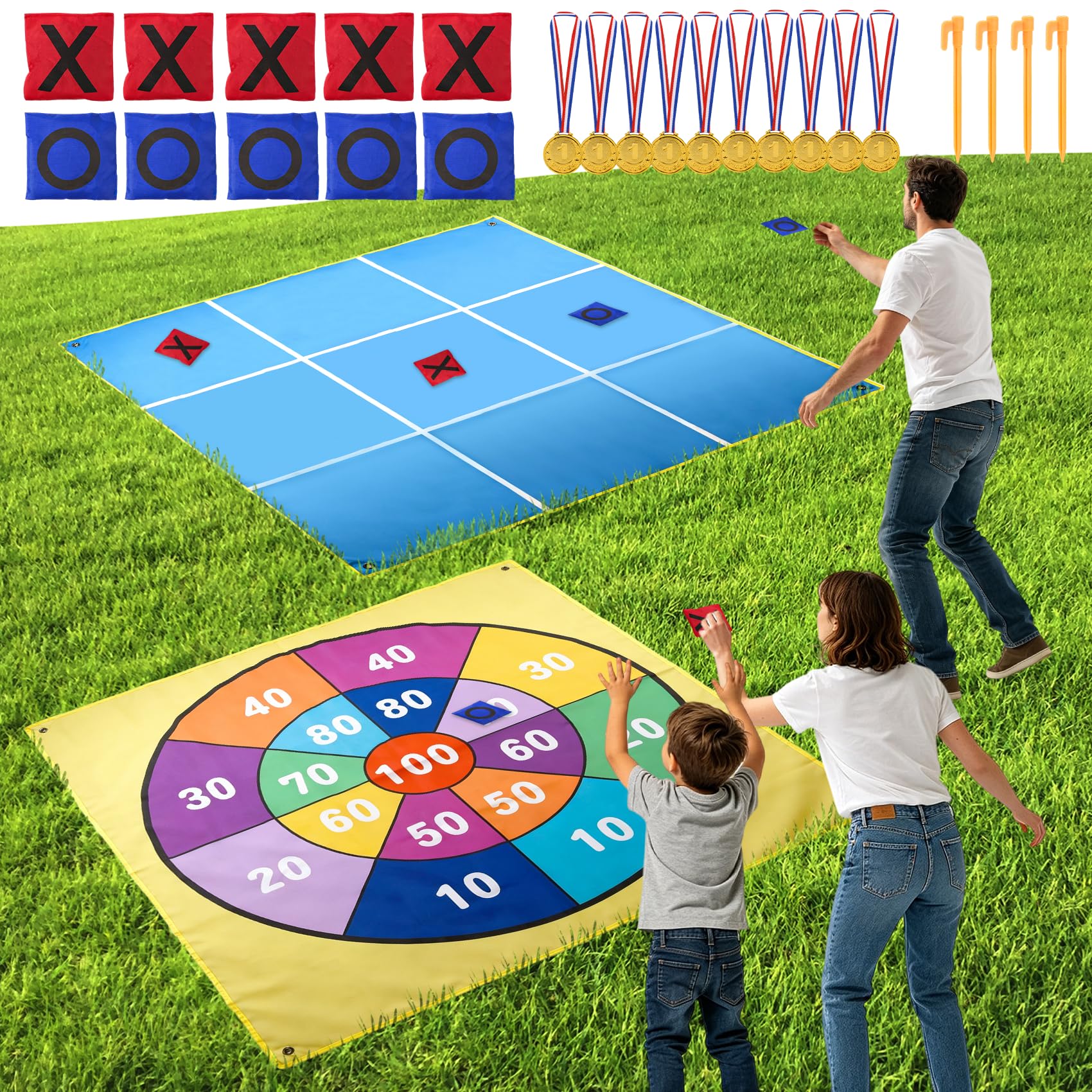Jeu 2 en 1 Géant Tic Tac Toe & Lancer de Beanbags pour Enfants et Adultes – 1,47 m avec 10 Sacs de Lancer, Recto Verso – Idéal pour Jardin, Plage, Camping & Fêtes de Famille