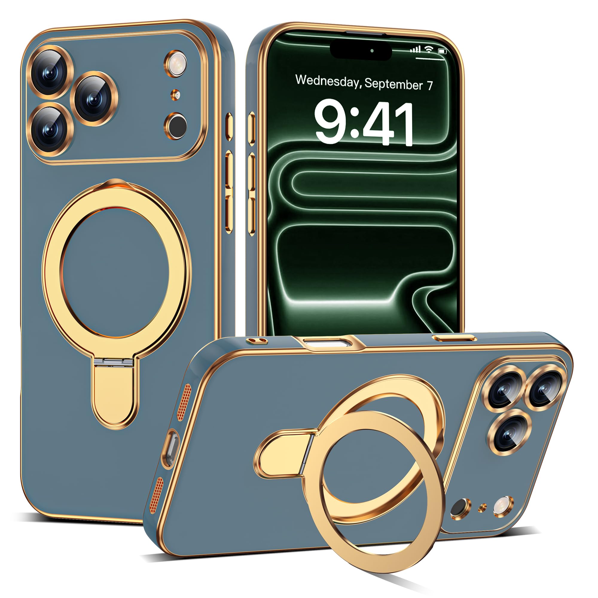 ETPESOK Compatible with iPhone 17 Pro Case with Magnetic Ring Stand [Compatible with Mag-Safe] [Full Camera Lens Protector] Soft Plating Phone Case for iPhone 17 Pro 6.3", Grey Blue