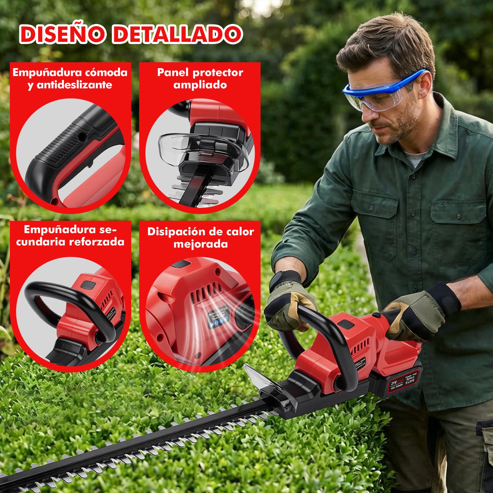 Cortasetos Bateria 21V, Cortasetos Electrico Ligero a Batería con 2 Baterías 3,0 Ah y Cargador 1,0A, 56cm Podadora Electrica Profesional, 18mm Separación Entre Dientes para Setos y Arbustos