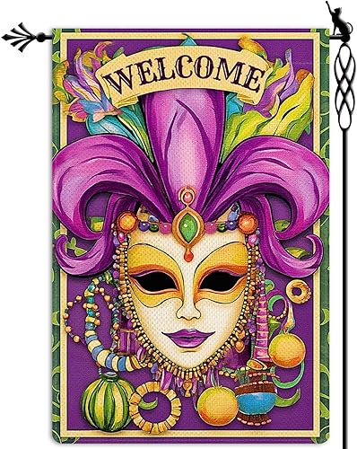 Miniatura 1 de Jauageon Bandera de bienvenida Mardi Gras para jardín, mascarada, bandera de jardín, fiesta de Nueva Orleans, vertical, de doble cara, rústica,