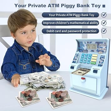 ATM Piggy Bank for Kids,ATM Bank Cash Coin Saving for Real Money with Debit Card,Coin Recognition, Balance Calculator, Electronic Savings Safe Box,Gift for Ages 6-13 Piggy Bank