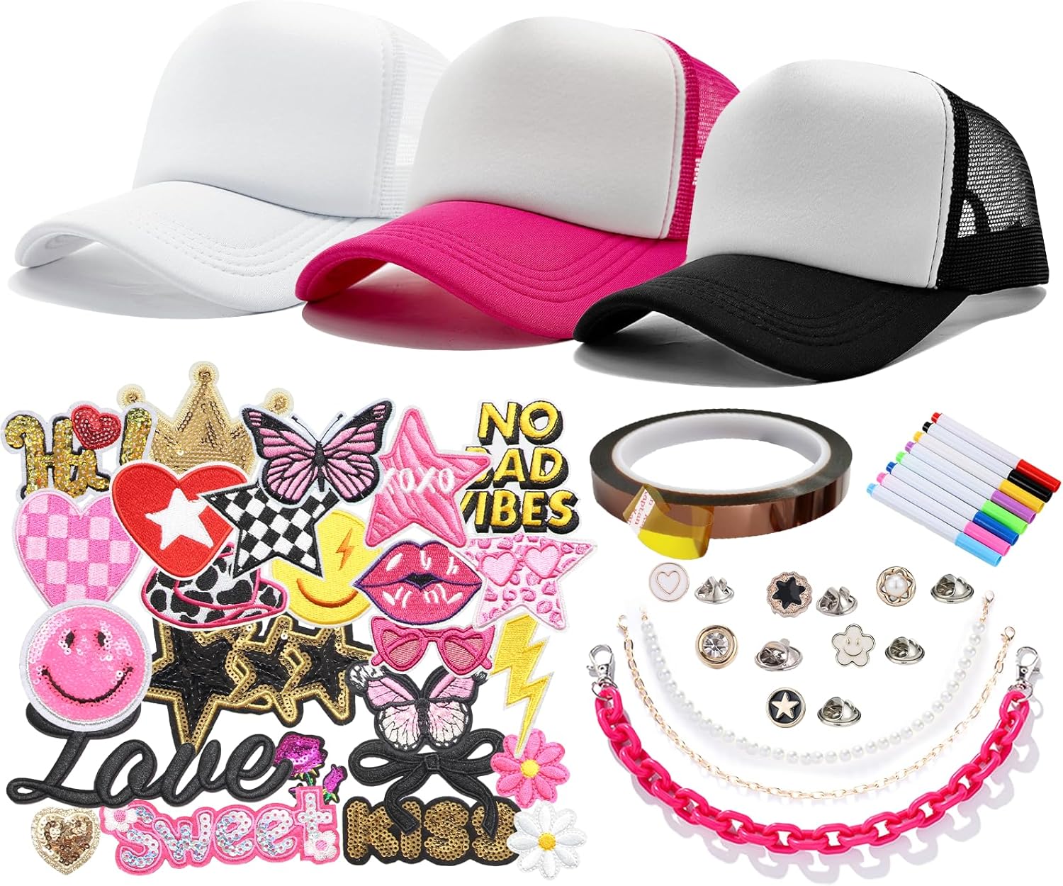 HEYTRCO 46PCS DIY Trucker Hat Kit, 3 Mesh Foam Hats with Iron-On Embroiederd & Sequin Patches, Hat Pins, Hat Chains, 8-Color Markers & Heat-Resistant Tape – Creative Girls Party Craft Set