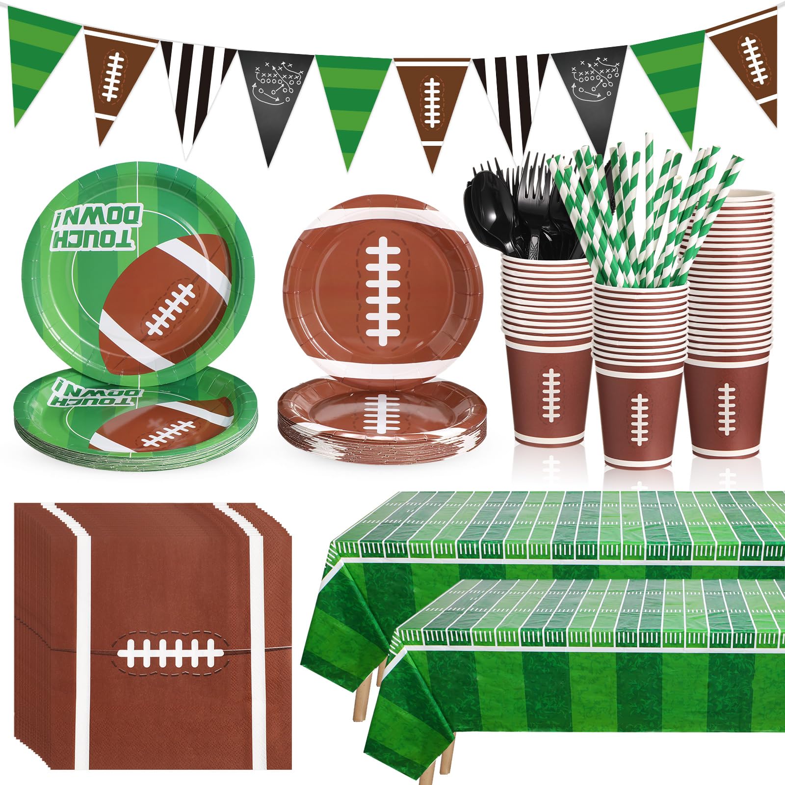 FillTouch 195 Pcs Football Party Supplies 24 Guest Disposable Dinnerware with Football Tablecloth Paper Plates Cup Napkin Plastic Fork Knives Spoon