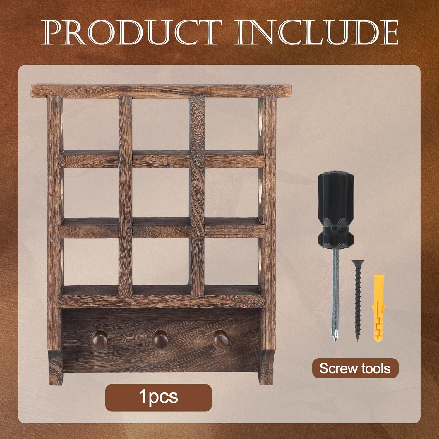 Wooden Heart Trinket Shelf for Wall 14 x 12 Inch Burnt Color Floating Shelf with 9 Openings & 3 Pegs Rustic Heart Wall Mounted Figurine Display Shelf Suitable for Small Gadgets Crystals Keys Decor