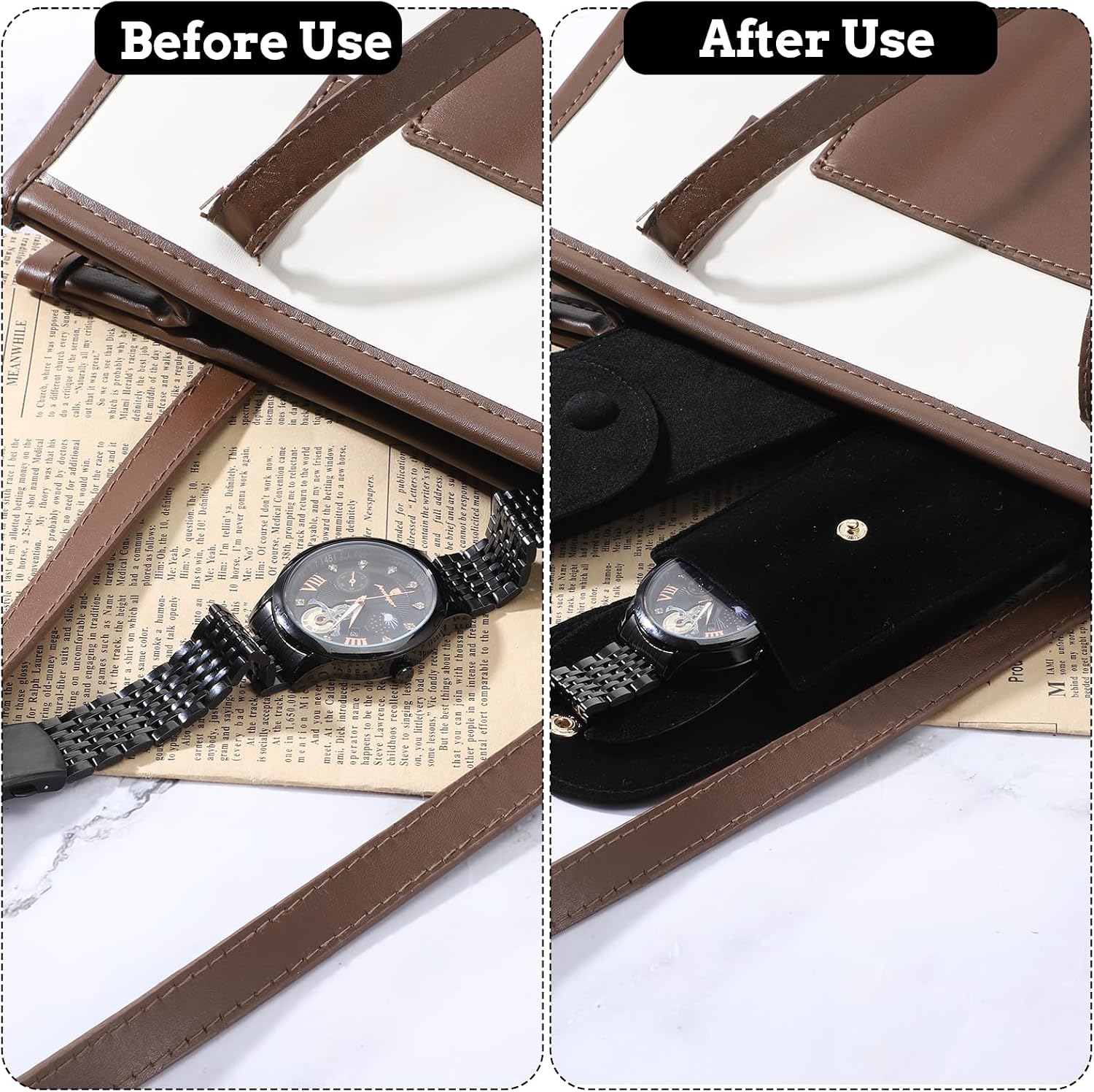 2 Pcs Velvet Watch Pouch Portable Flannelette Watch Storage Bag Single Travel Pouch for Men and Women Storage Bag Luxury Gift Bags with Snap Button for Jewelry Organizer (Black)