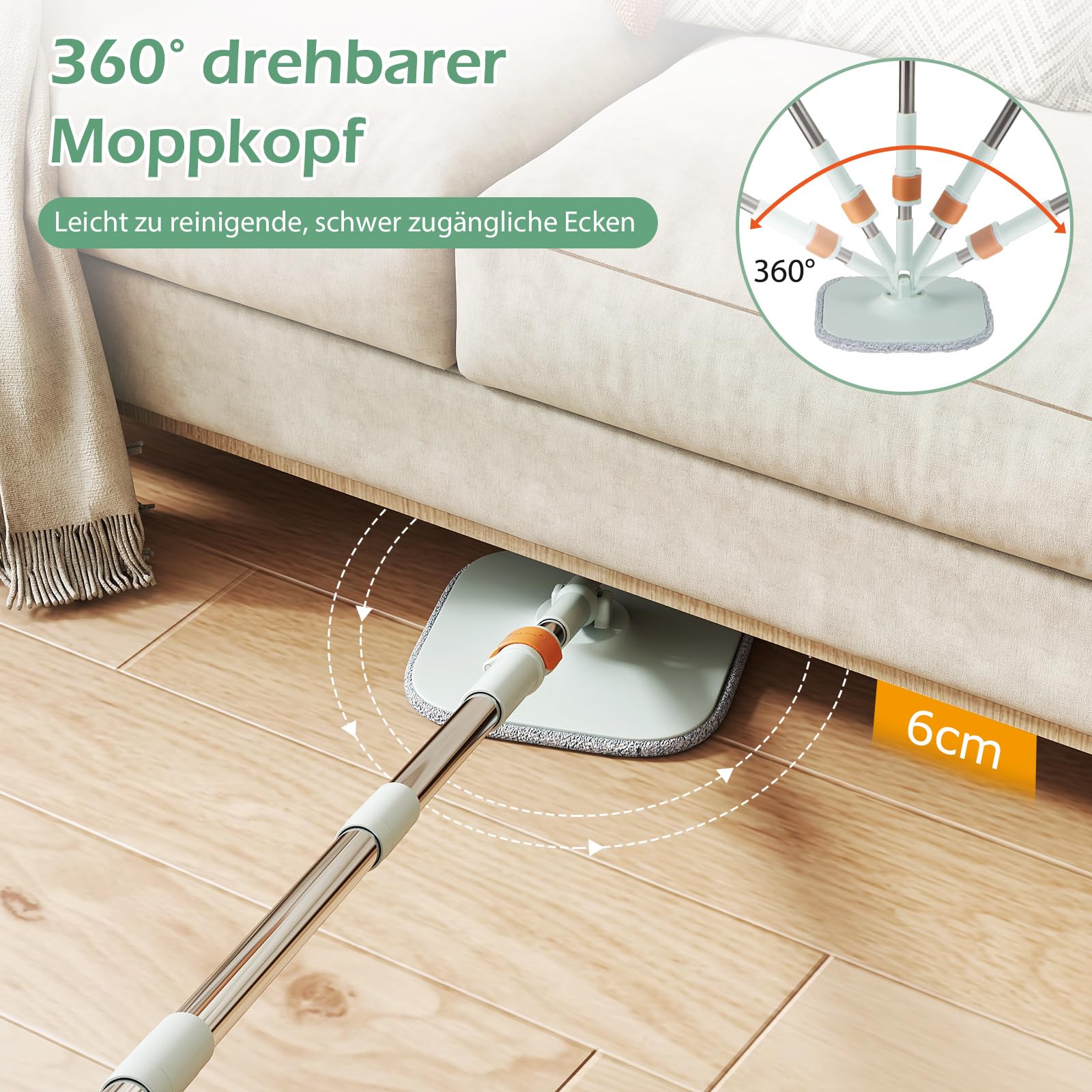 COSTWAY Wischmopp und Eimersystem mit Auswringfunktion, Abwassertrennung, 360° Drehmoppkopf & 2 Mikrofaser-Pads, Flacher Bodenwischer für Nass- und Trockenreinigung (Grün + 6 Pads)
