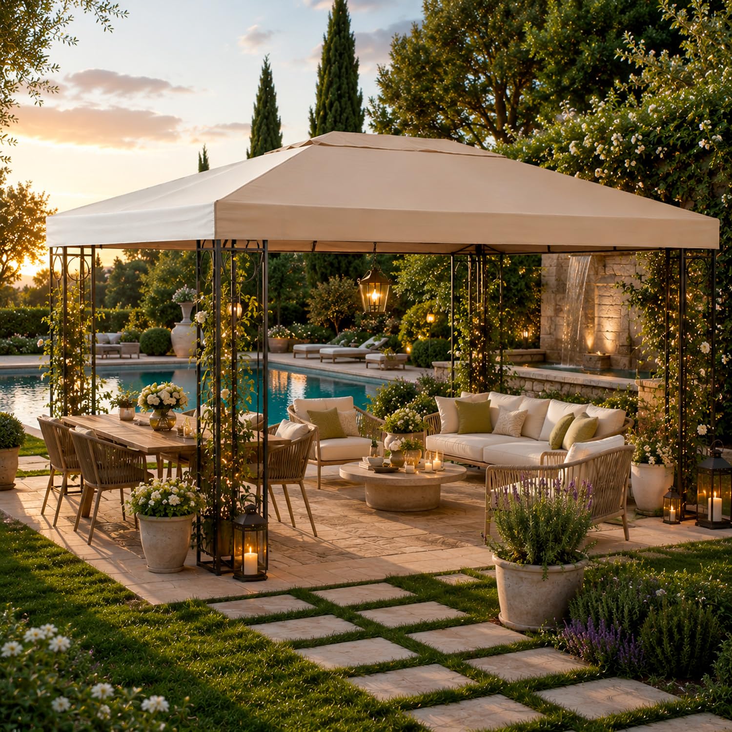 Telo Di Ricambio Per Gazebo 3x4 Metri Impermeabile In Poliestere PVC Con Protezione UV E Per Giardino Terrazza Veranda E Outdoor 300 x 400 Cm Beige