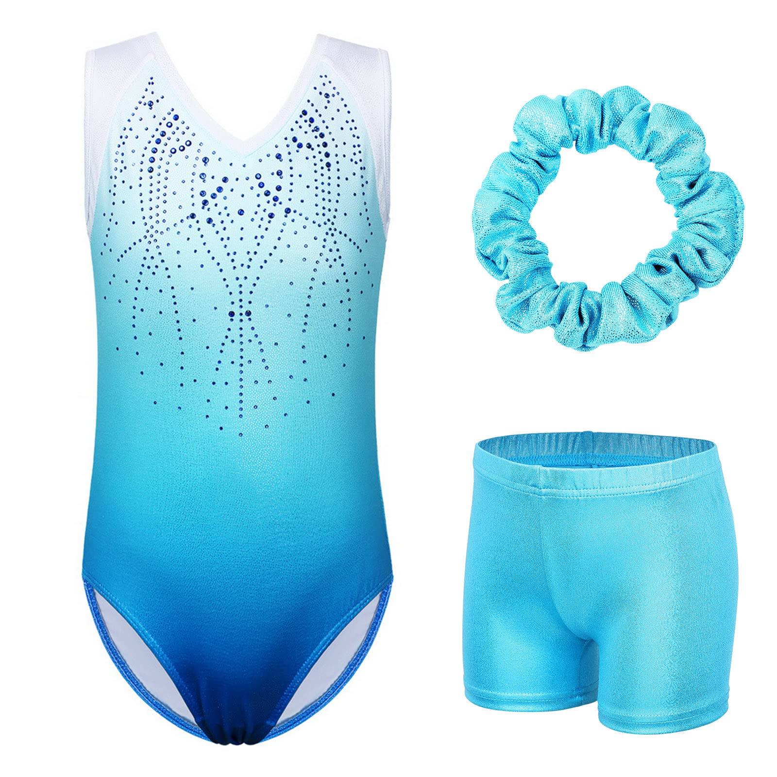Gymnastics Leotards for Girls Glitter Dance Activewear with Matching Tumbling Shorts Set