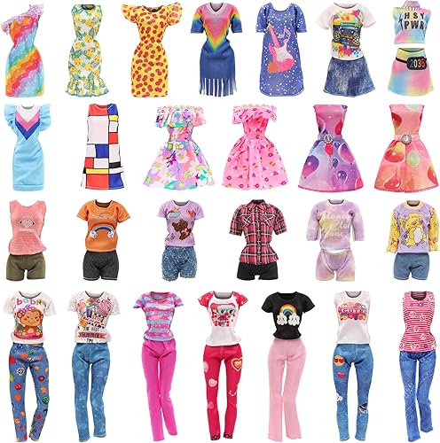BARWA 10 conjuntos de ropa de muñeca que incluyen 5 vestidos florales de moda, 5 conjuntos de trajes casuales, tops y pantalones, pantalones cortos