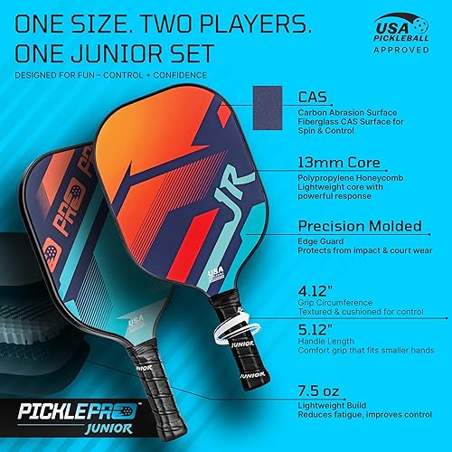 Miniatura 3 de PicklePro Junior - Juego de palas de pickleball para jóvenes con 2 paletas ligeras, 4 bolas de pickleball y cubierta, superficie de fibra de vidrio