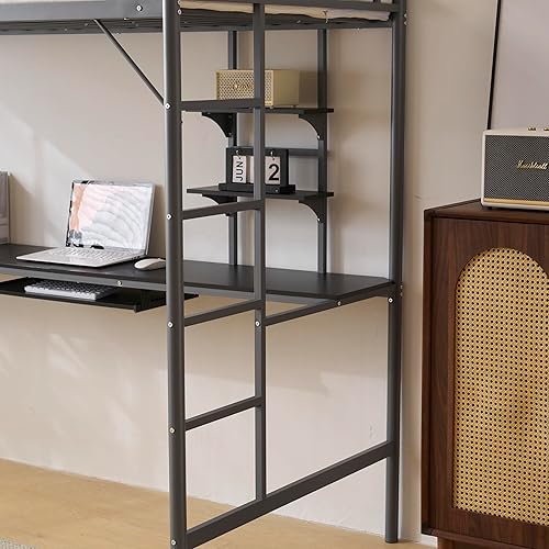 Miniatura 5 de Karl home Cama alta individual con escritorio y estantes de almacenamiento, litera individual con escritorio para niños, adolescentes y adultos,