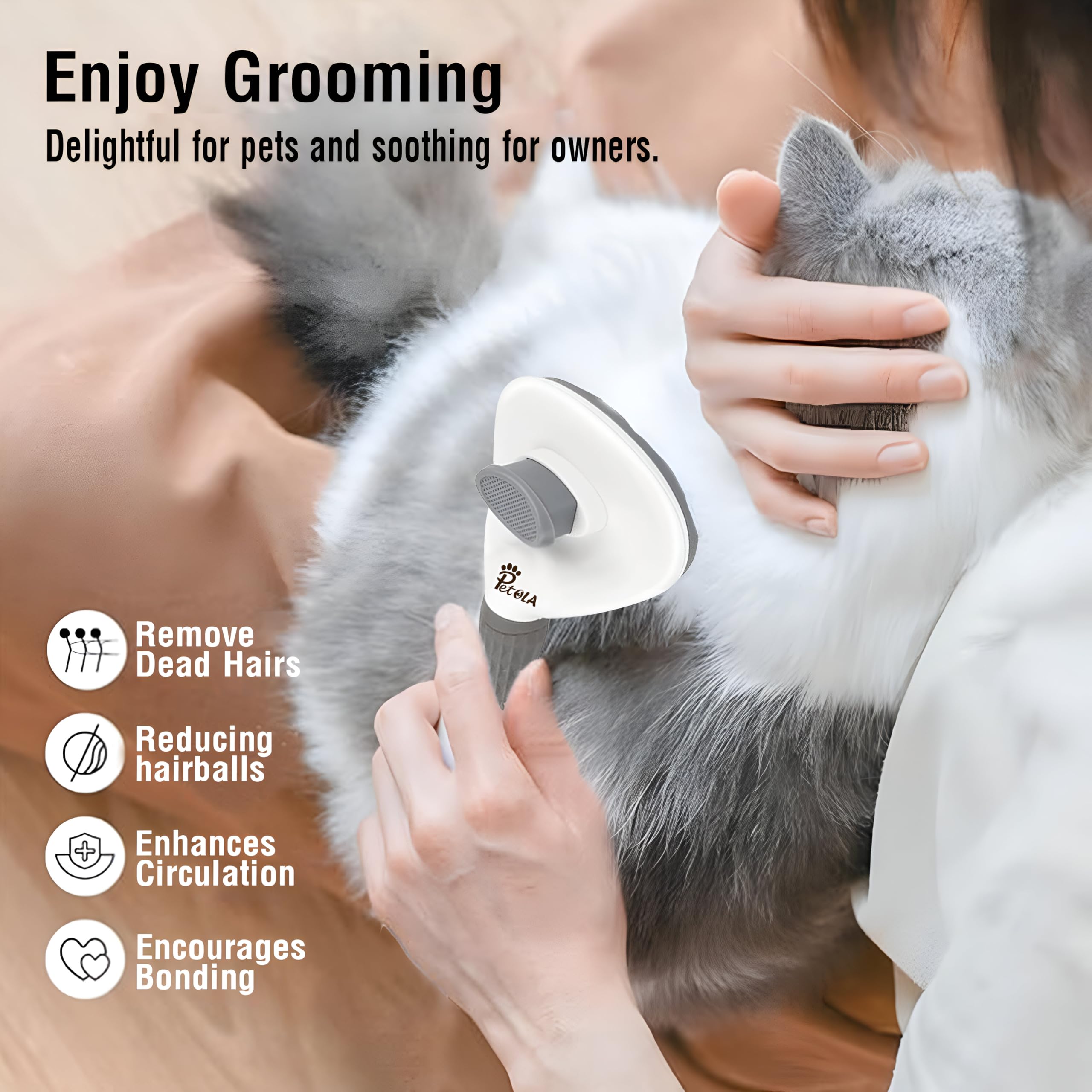 Petola Selbstreinigende Haarbürste Für Hunde & Katzen – Mit Softgriff, Perlenborsten, 20 Cm, Grau