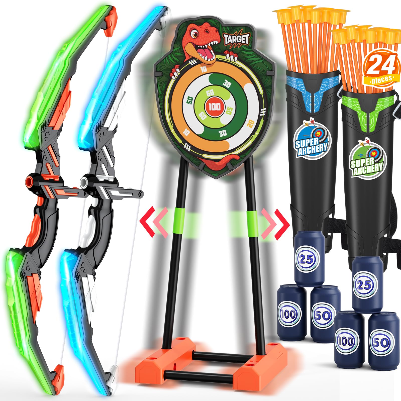 HYES 2 Pack Bow and Arrow with Moving Target for Kids, LED Light Up Archery Set with 24 Suction Cup Arrows, 6 Score Targets & 2 Quiver, Indoor Outdoor