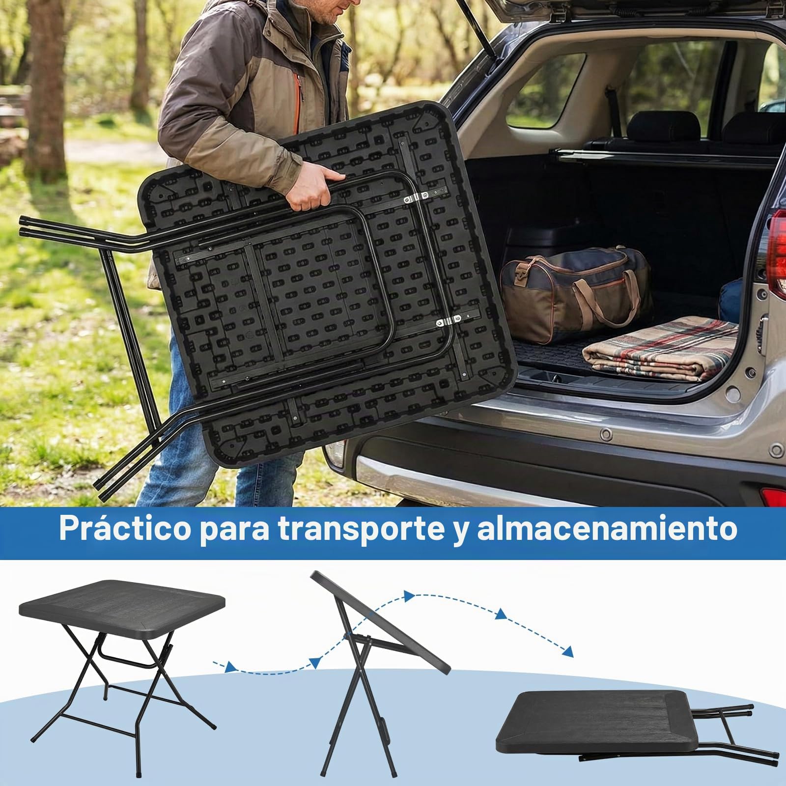 Mesa de Jardín 80 x 80 x 74 cm, Mesa Plegable Portátil, Estructura de Acero y Espesar HDPE, Resistente a la Intemperie, Mesa de Camping, Carga de 50kg, Mesa Exterior e Interior para jardín, Terraza