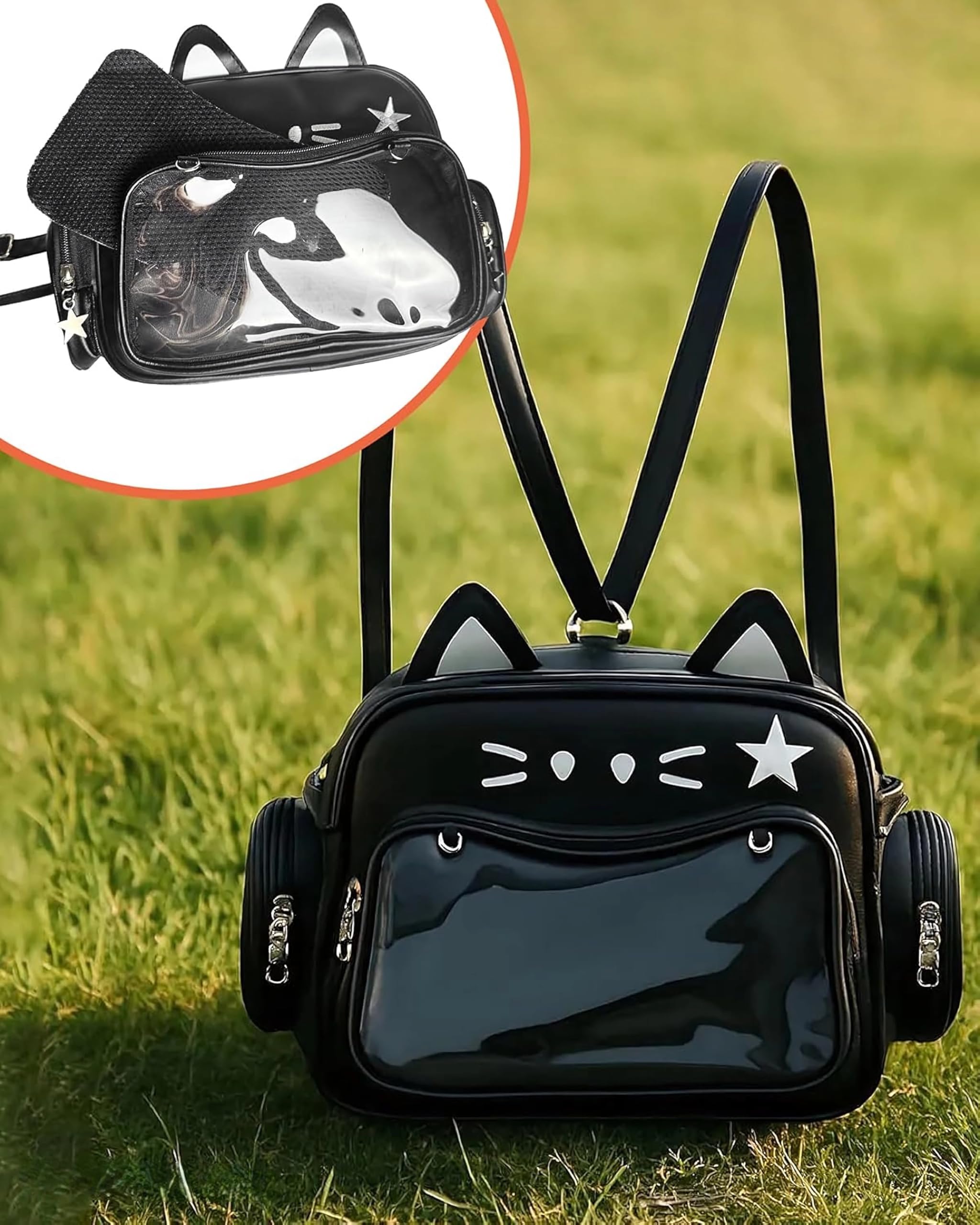 Zaino con display pin per ragazze della scuola con materiale in pelle PU - Kawaii Cat Ita Bag Preppy Y2k Estetica Borsa a tracolla con inserto