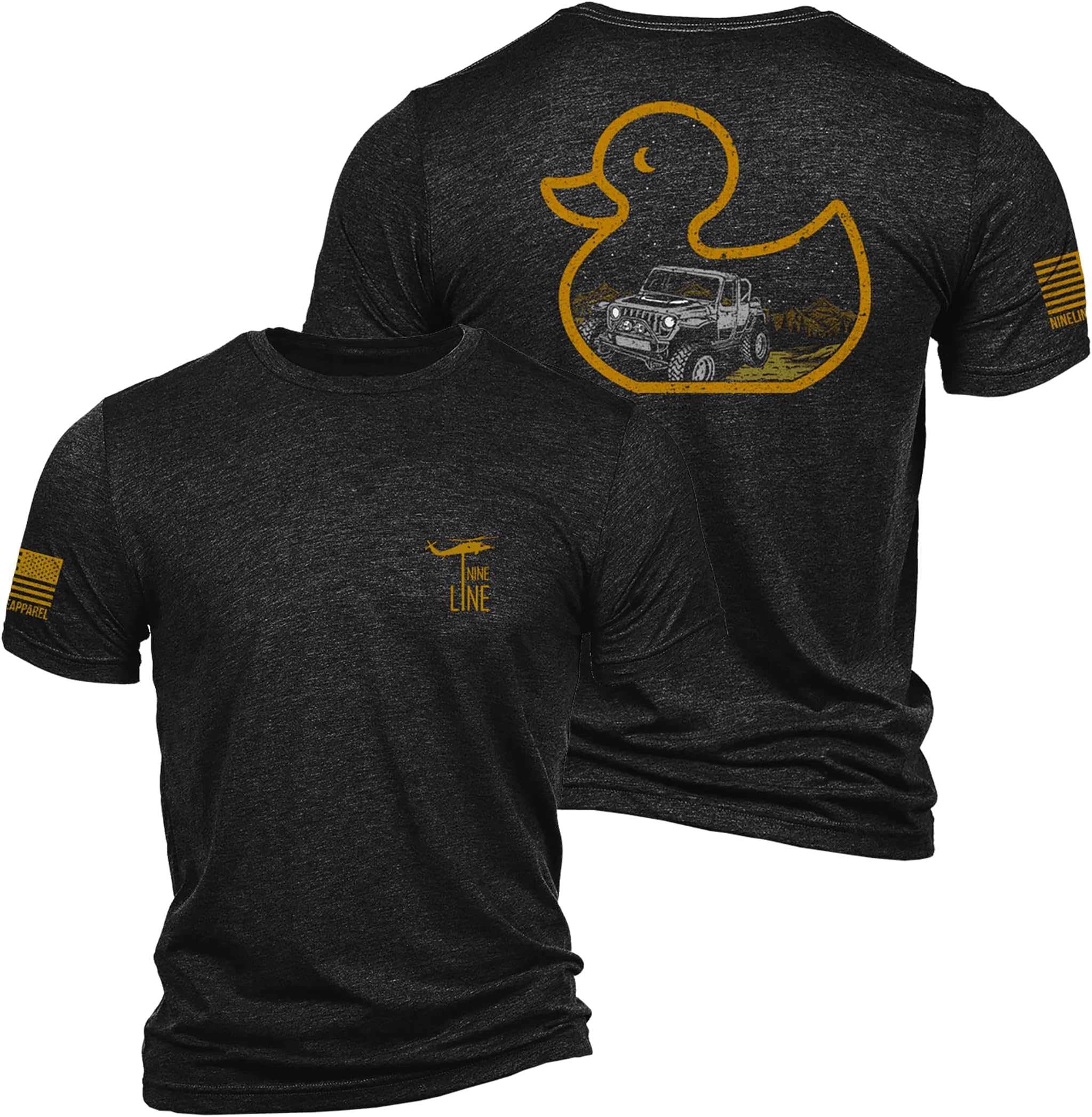 Nine LineDuck, Duck, Off Road Triblend T-Shirt - Unisex Patriotic Shirt - Dropline Logo and American Flag on Sleeve