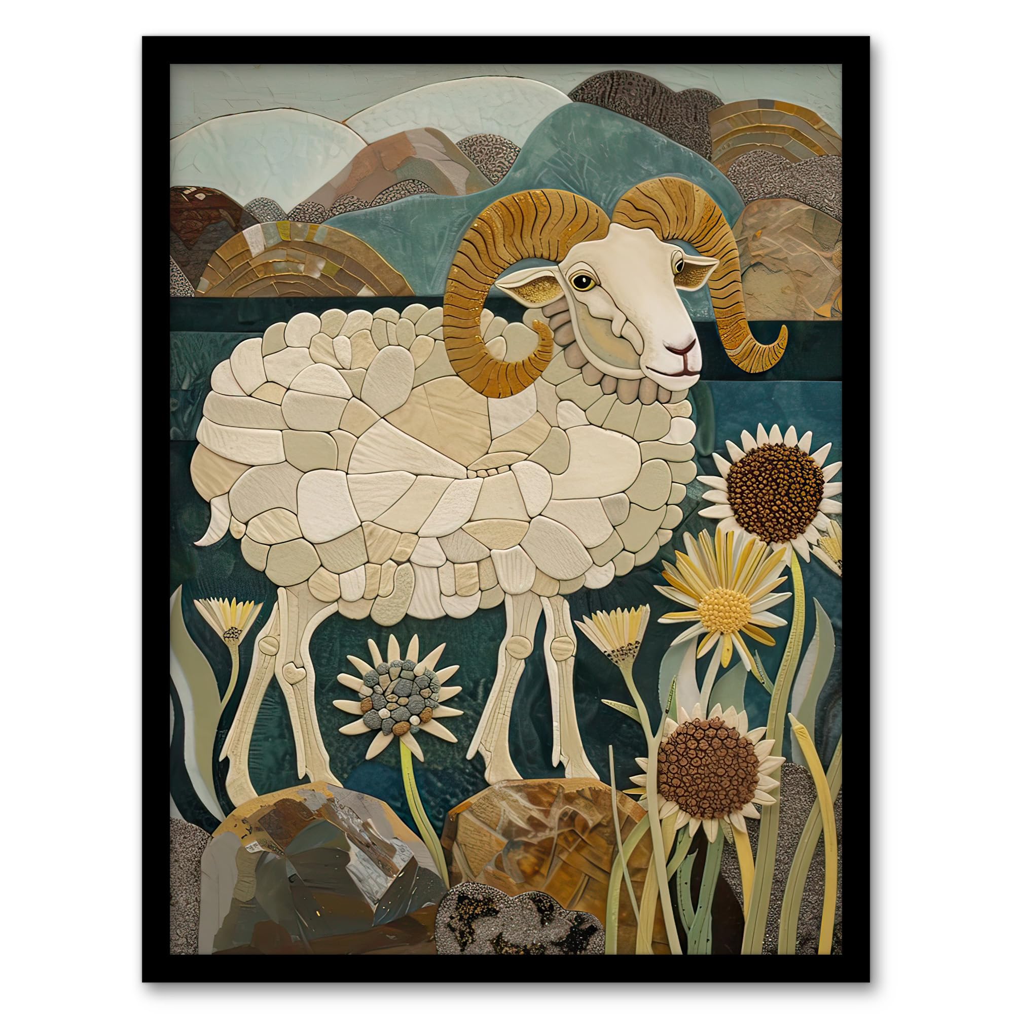 Artery8 Rocky Mountain Bighorn Sheep Mosaic Floral Living Room Artwork Framed Wall Art Print A4