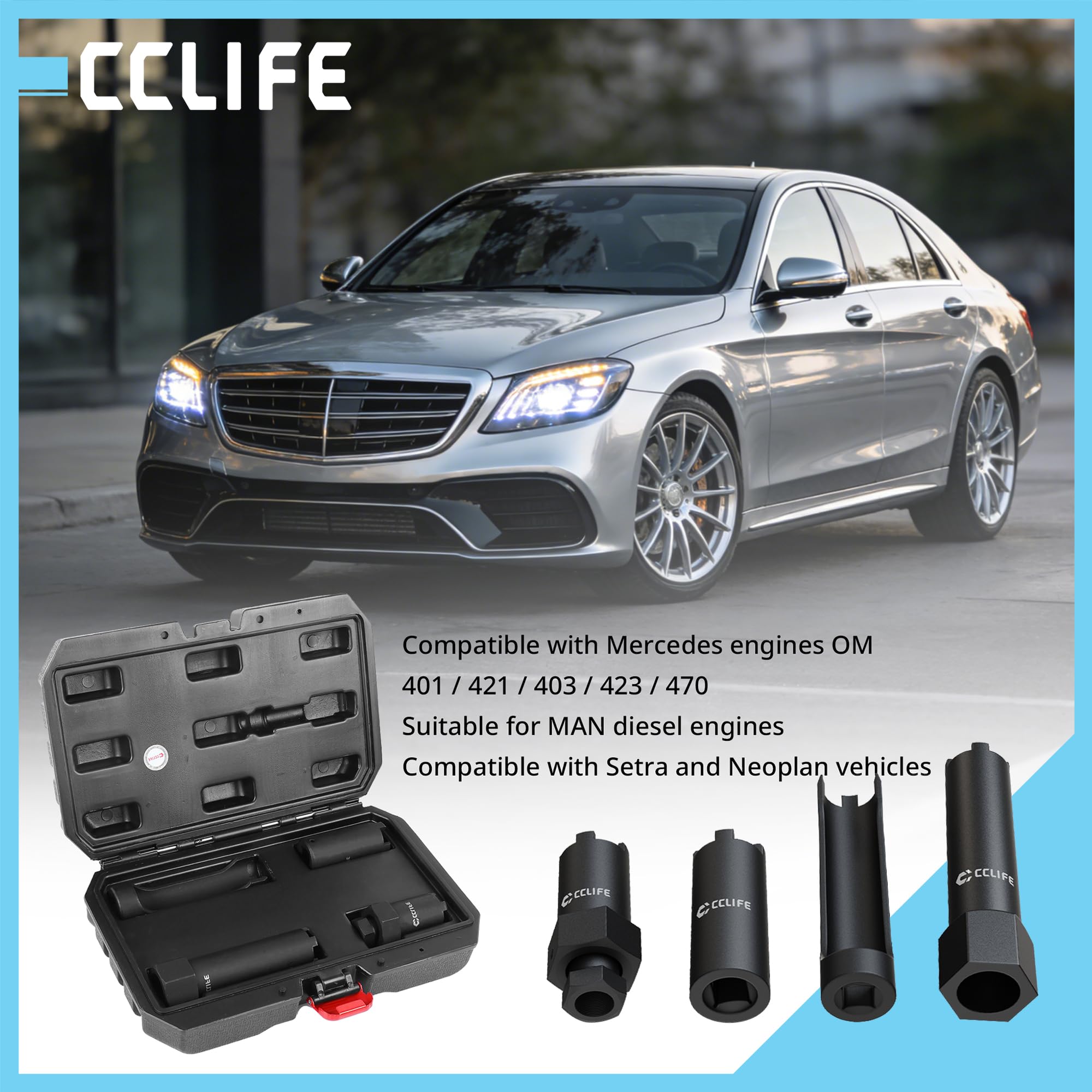 CCLIFE Zestaw kluczy nasadowych 4-częściowy – 3 i 4 zęby, napęd 1/2" – dysze wtryskowe, zestaw narzędzi kompatybilny z Mercedes, MAN, Setra – do samochodów ciężarowych i użytkowych