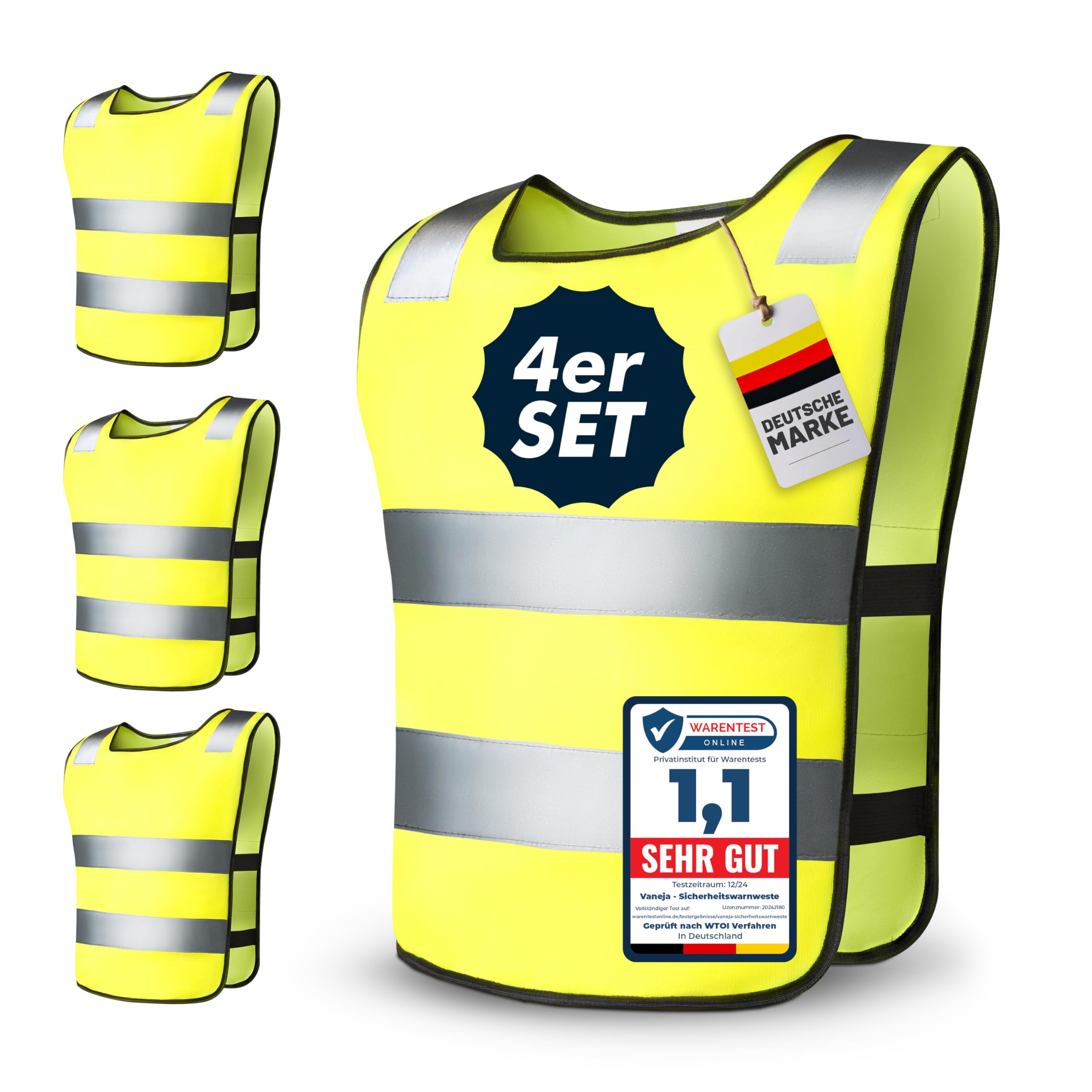VANEJA 4er Set Kinder Warnweste – Reflektorweste für Jungen & Mädchen 5 –12 Jahre – EN 17353:2020+A1:2021 Zertifiziert – Leuchtend gelb, stark reflektierend, ideal für Schulweg & Freizeit