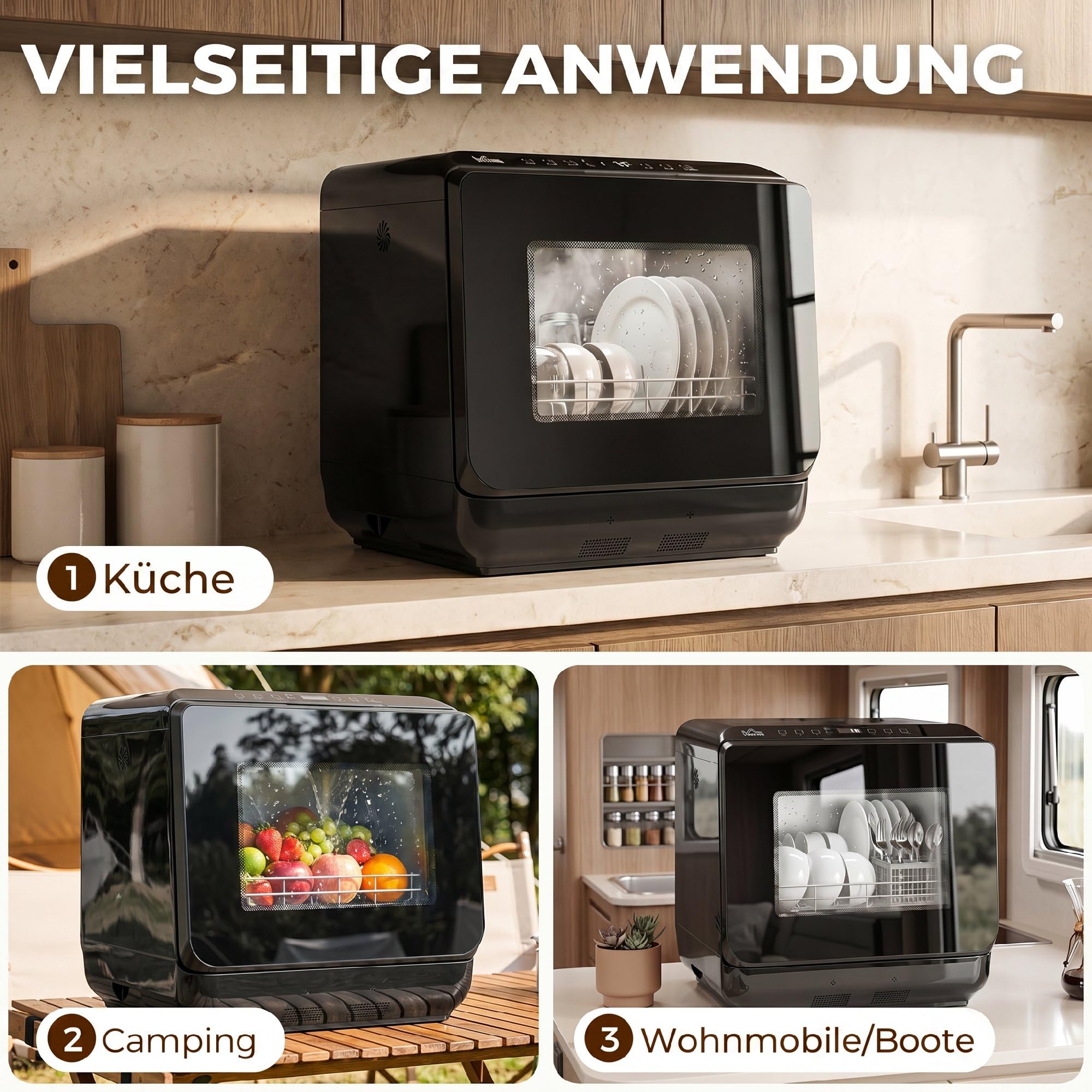 HOMCOM Mini Geschirrspüler Freistehend Tischgeschirrspüler mit 4 Maßgedecke 5 Programmen Trocken Funktion 6L Wassertank Touch Control LED Anzeige Spülmaschine mit/ohne Wasseranschluss für Camping