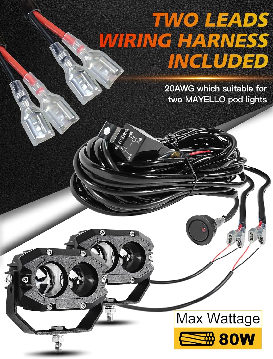 MAYELLO 4-Inch LED Pod Light - 60W Square, Spot Lens Beam, Offroad/Fog, Wiring Harness for Wrangler, Truck, SUV, ATV, UTV, Car, Boat
