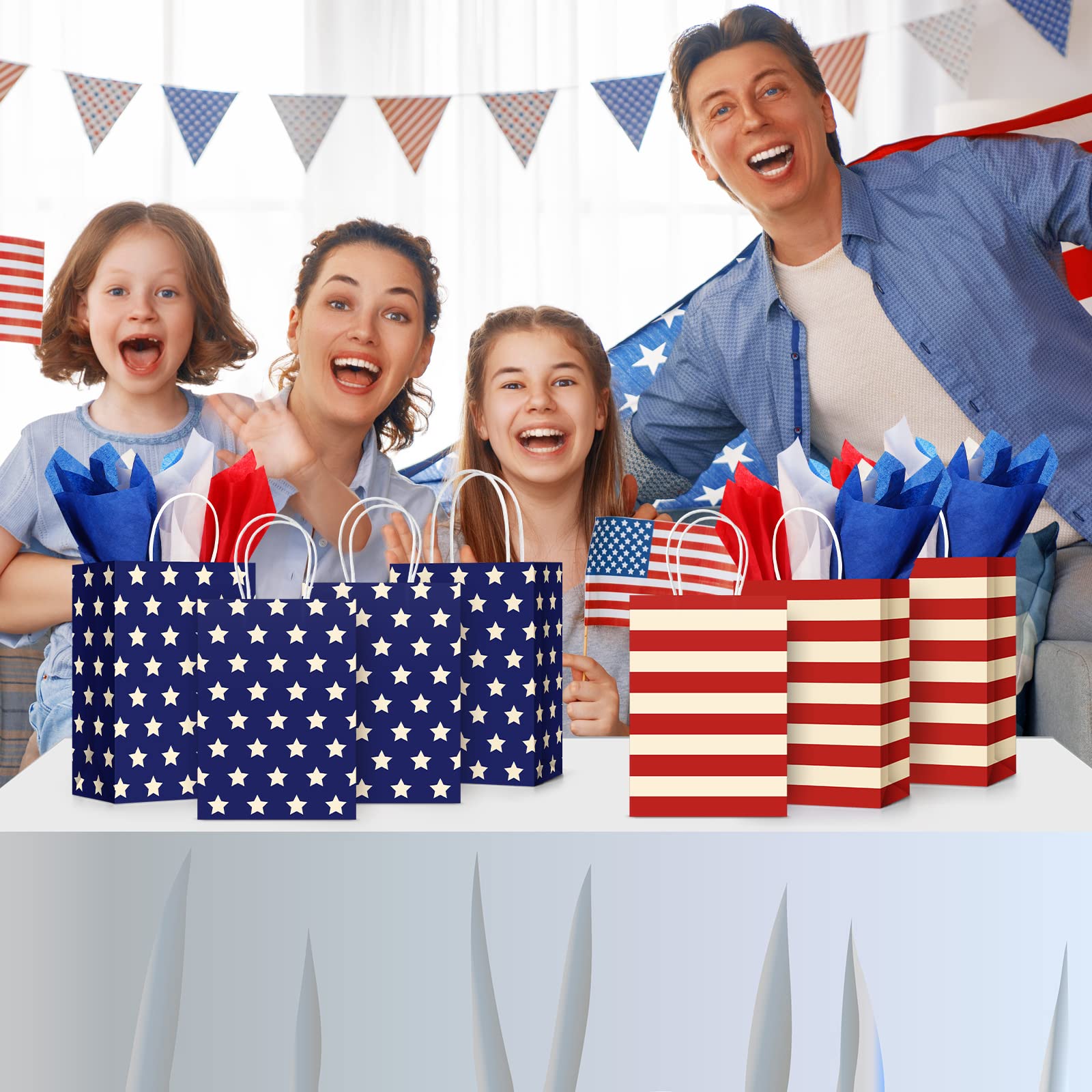 Patriotic Thank You Gift Bags - 16 Red White Blue Veterans Day Bags With Tissue Paper & Handles