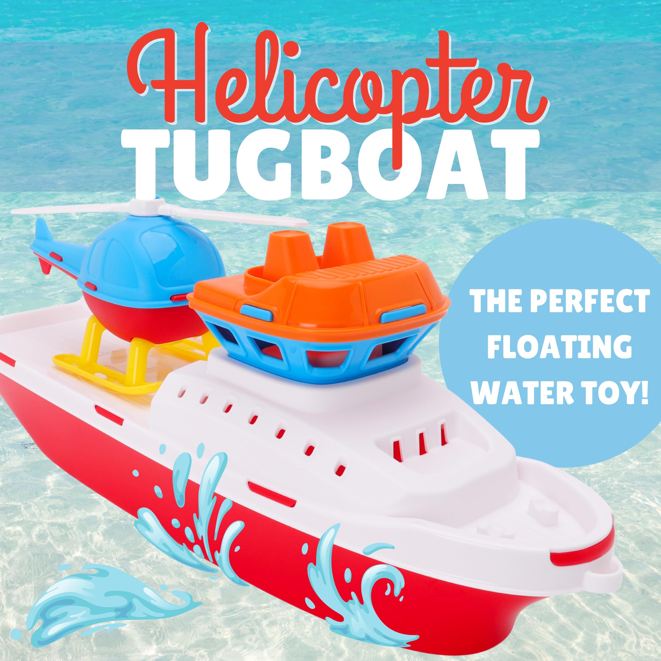 Toyland® 42cm (17") Colourful Helicopter Tugboat With Helicopter Included, Kids Floating Water Toy, Pool & Bathtime Boat Toys - Image 2