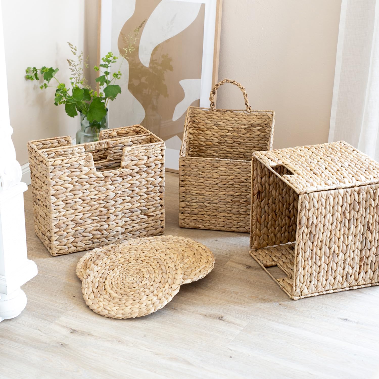 HMF Panier de rangement compatible avec étagère KALLAX, panier tressé en jacinthe d’eau avec poignées | Lot de 2 | 32 x 34,5 x 32 cm | Naturel
