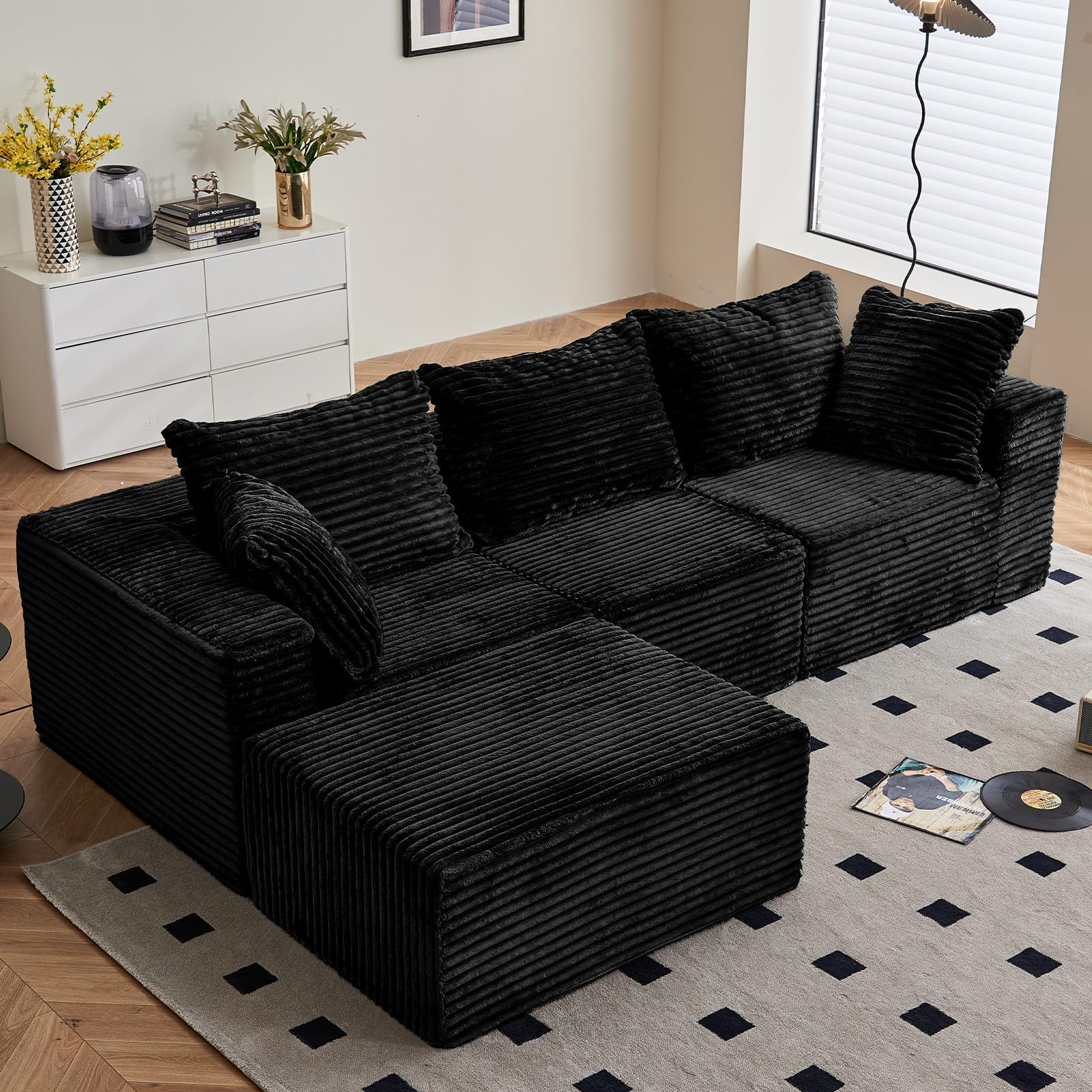 Vamcheer 3/4 Seater Modular Sectional Sofa - 274cm Oversized L-shaped Corner Couch with Memory Foam Seating & Detachable Backrest for Living Room Bedroom, No Assembly Required, Black