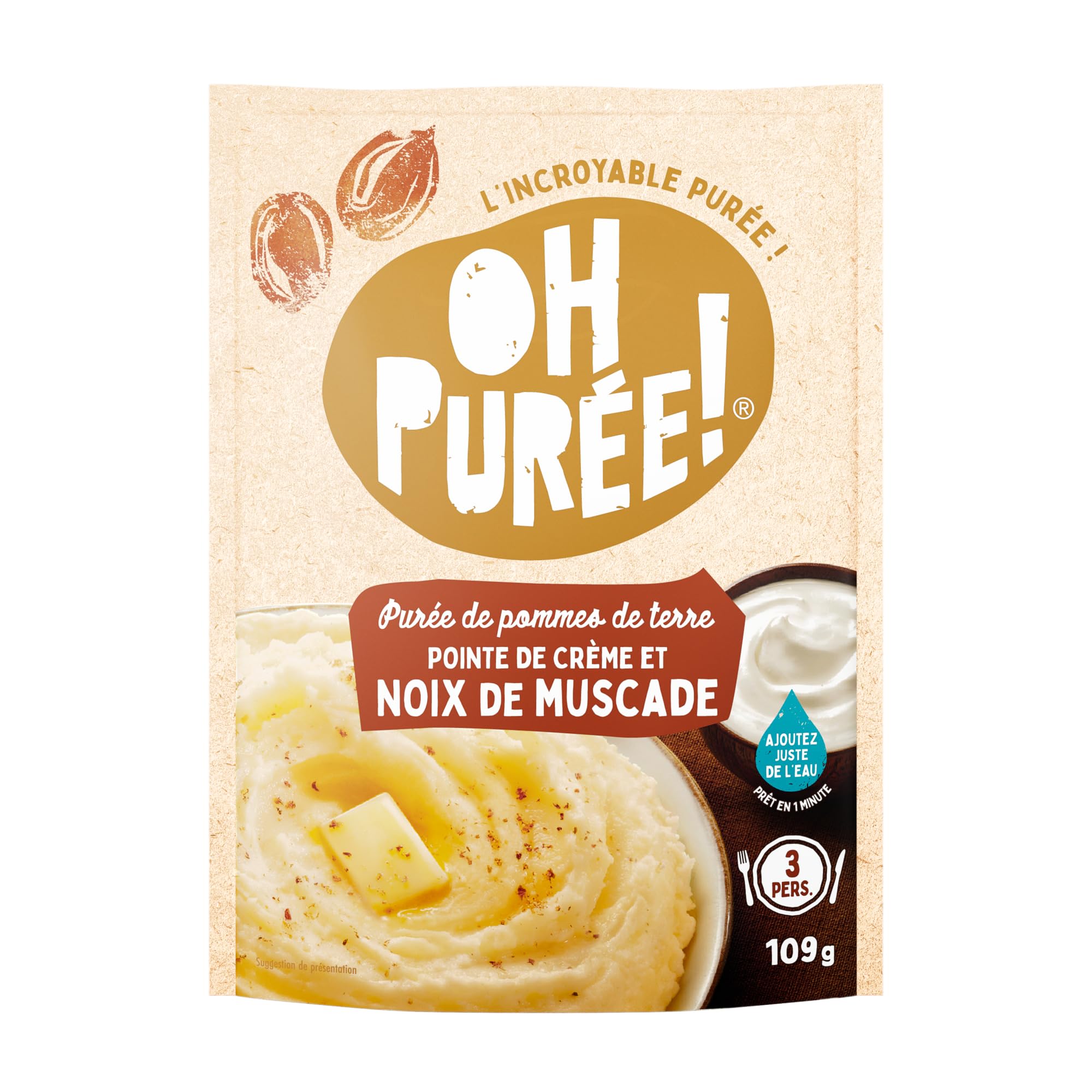 OH PUREE! Carton de 12 sachets de 109g de purée saveur noix de Muscade-Une purée prête en seulement une minute, en ajoutant juste de l'eau