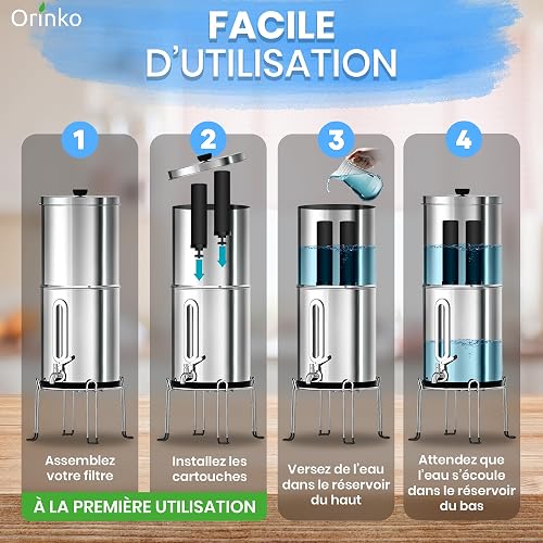 ORINKO® Gravity Water Filter - Efficient Home Water Filtration System for Pure Tap Water - Ideal Camping Water Filter and Travel Water Purifier - Durable Stainless Steel Design for Outdoor Use - 3