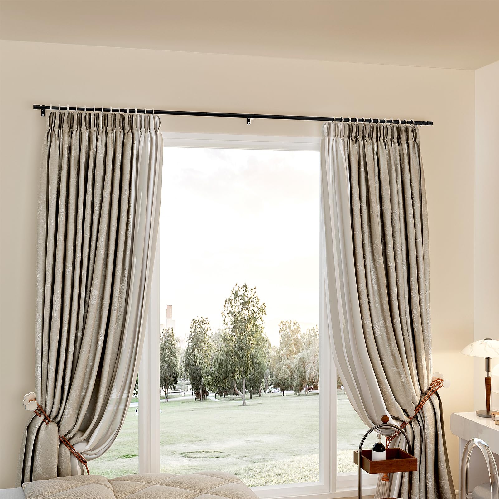 Harrms Bastone per tenda doppio – Asta in metallo estensibile nera 76 – 332 cm per tende con occhielli, oscuranti e voile, oscuramento della stanza